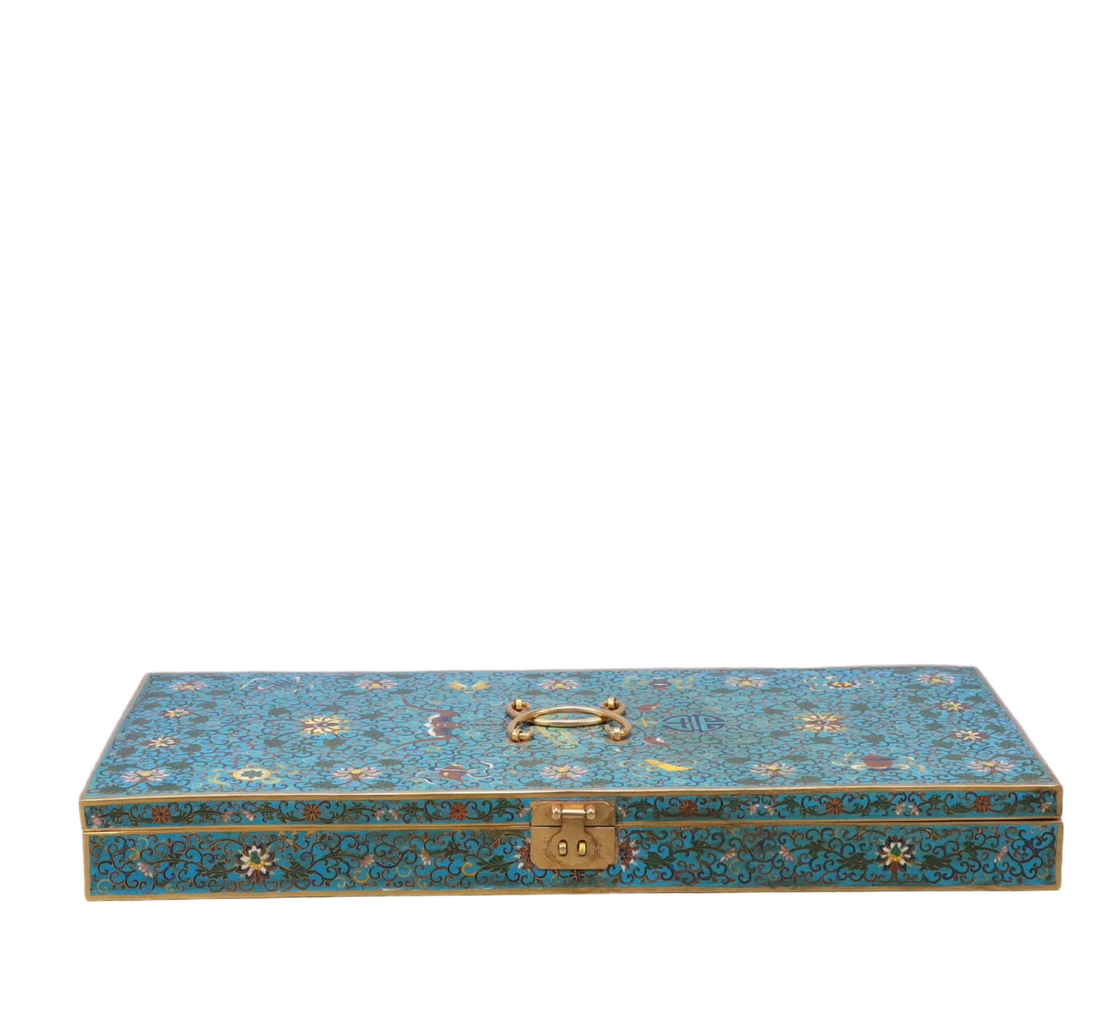 A Huge Cloisonne Bats and Peach Pattern Cover Box with 'qin': A Huge Cloisonne Bats and Peach Pattern Cover Box with 'qin',Qing Dynasty, China,Qianlong Four-character Mark,Size:27.6inx12.2inx3.1in,Weight:1500g