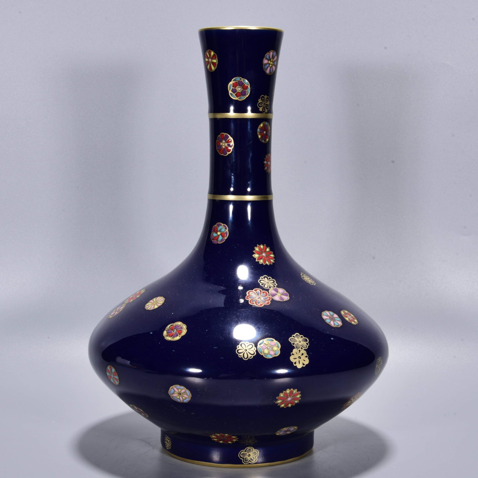 A Rare Ji Blue Glazed Painted Gold Flower Pattern Vase: A Rare Ji Blue Glazed Painted Gold Flower Pattern Vase,Qing Dynasty, China,Qianlong Six-character Mark,Size:12.2inx8.7in