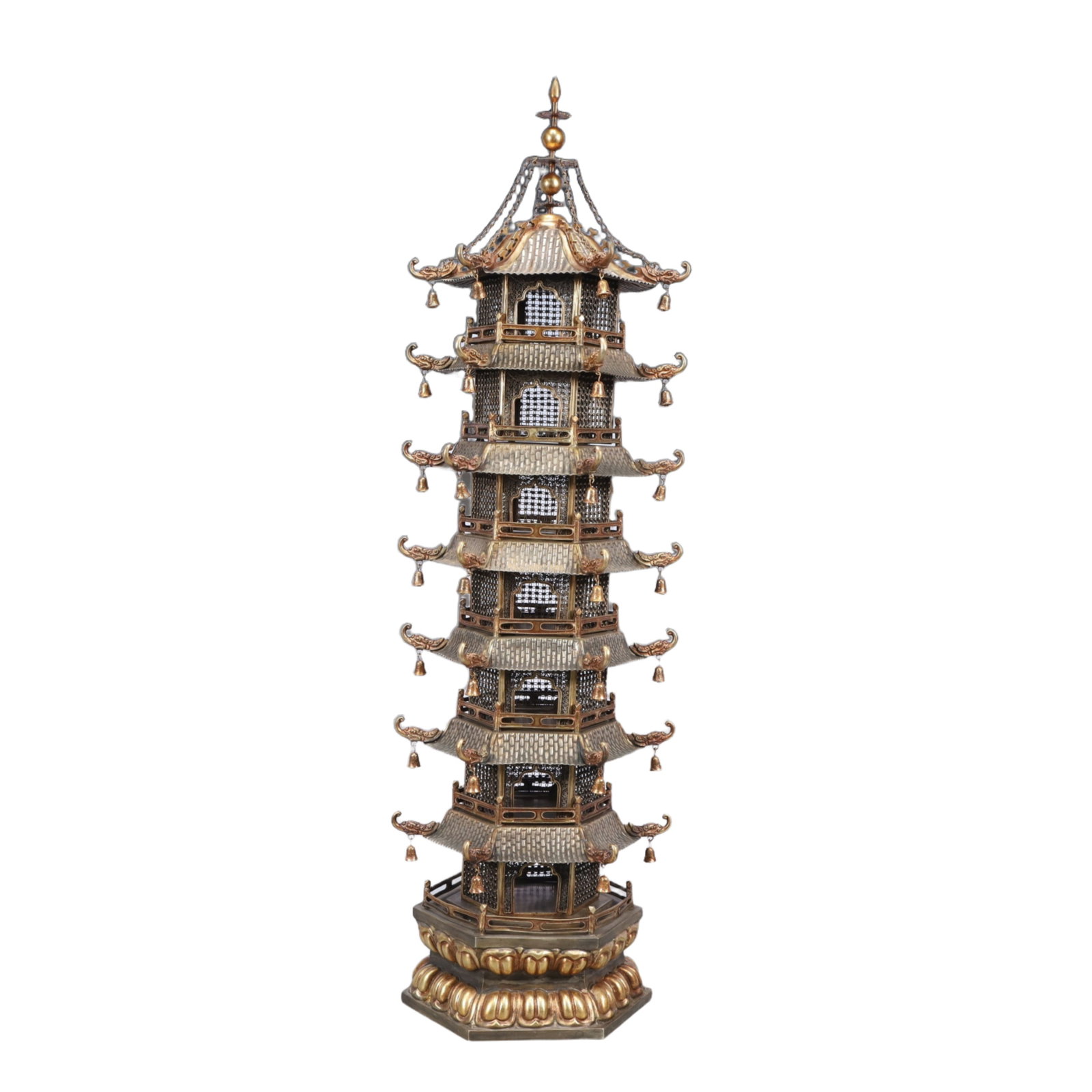 A Rare Gilt Silver Pagoda: A Rare Gilt Silver Pagoda,Tang Dynasty, China,Zhenguan Four-character Mark,Size:5.3inx24in,Weight:3150g