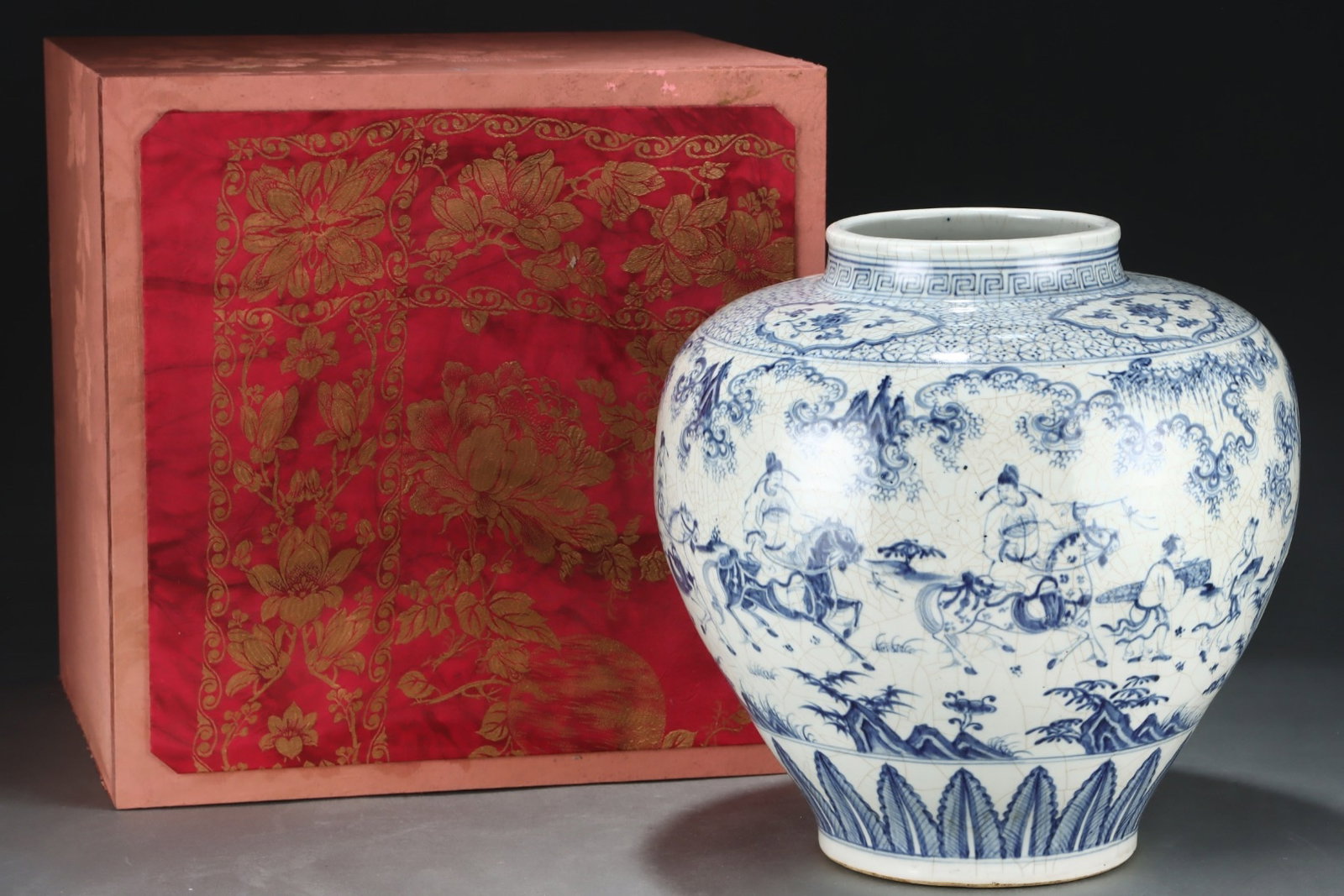 A Rare Blue and White Character and Story Pattern Jar: A Rare Blue and White Character and Story Pattern Jar,Ming Dynasty,China,Size:14.8inx14.4in 青花人物故事纹罐,中国明代