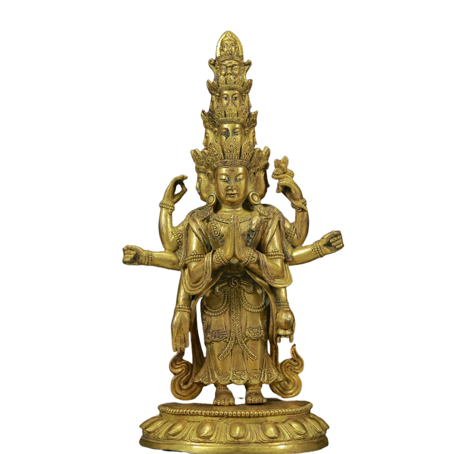 A Solemn Gilt Bronze Eleven-Headed and Eight-Armed Buddha: A Solemn Gilt Bronze Eleven-Headed and Eight-Armed Buddha ,Ming Dynasty, China,Size: 4.3inx3.7inx8.3in,Weight:1340g