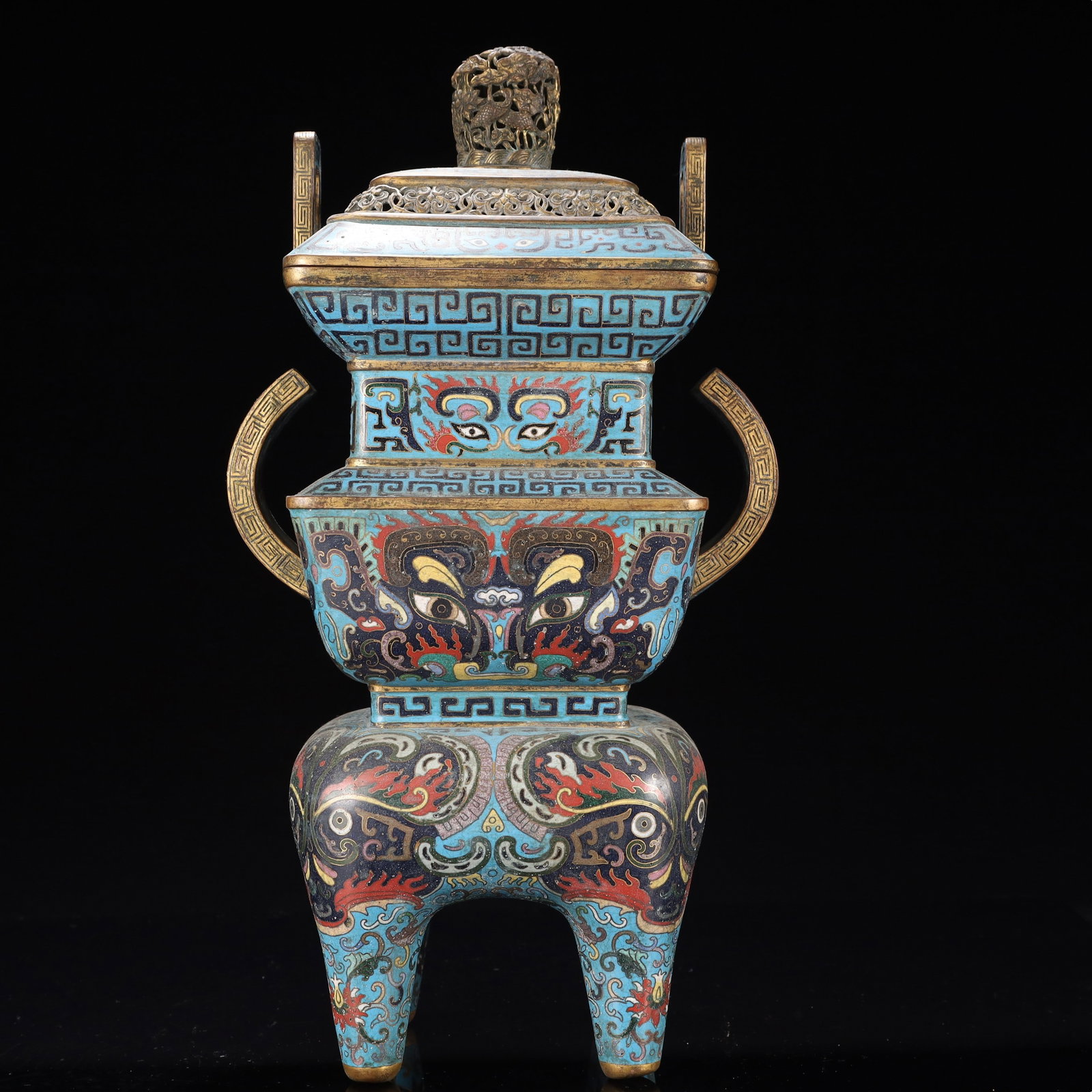 A Huge Cloisonne Beast-Face Pattern Double-Ears Four Legs Censer: A Huge Cloisonne Beast-Face Pattern Double-Ears Four Legs Censer,Qing Dynasty, China,Qianlong Four-character Mark,Size:8.3inx5.5inx15.7in,Weight:4750g