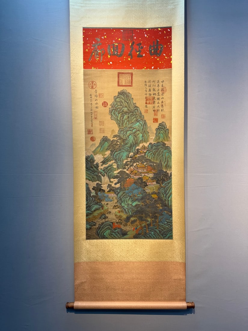 A Chinese Vertical Scroll Ink Painting of Landscape and Figure on Silk,Chou Ying: A Chinese Vertical Scroll Ink Painting of Landscape and Figure on Silk,Chou Ying,Size:(Without frame)41.3inx20.5in 一幅中国水墨绢本山水É