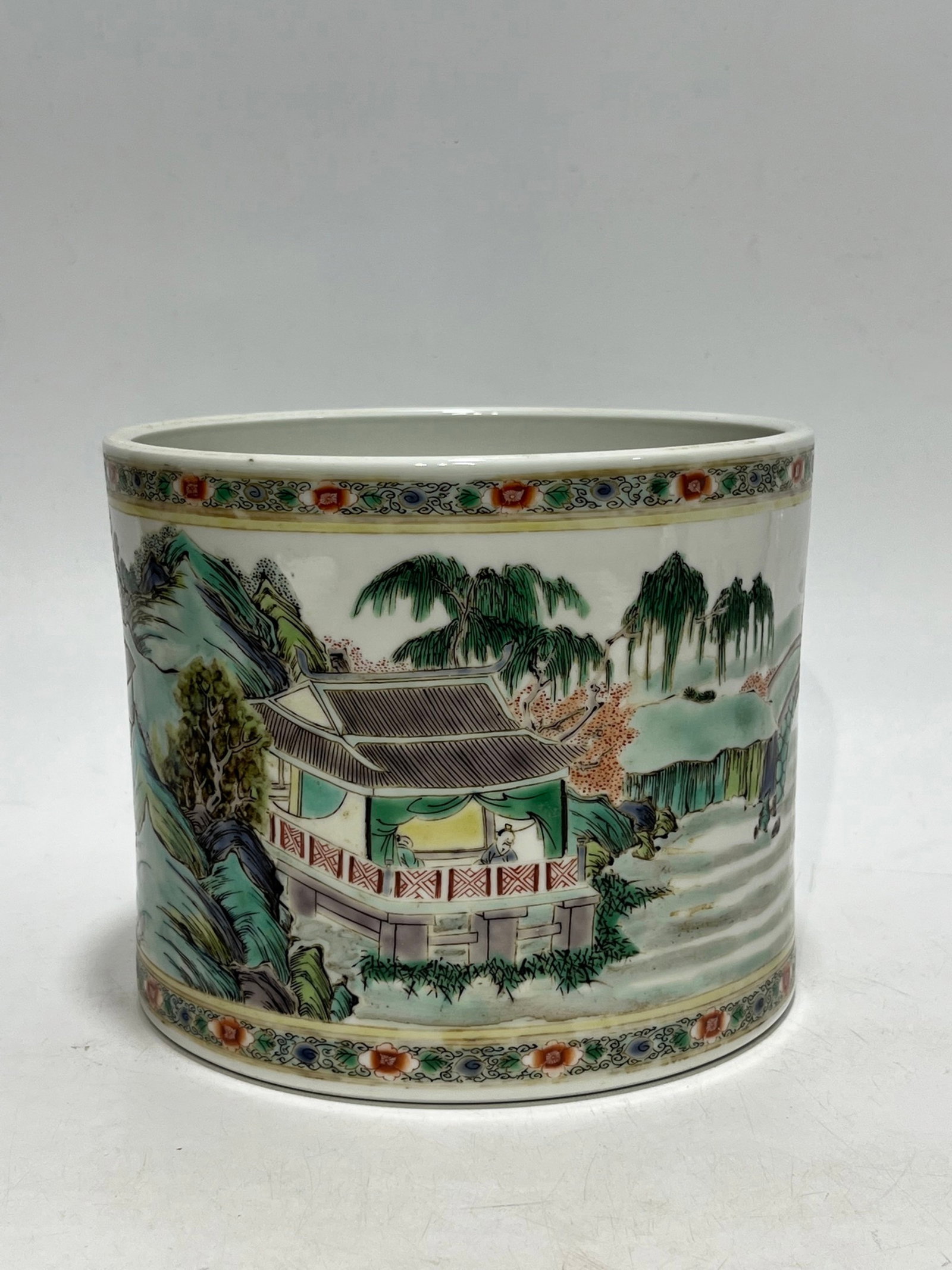 An Exquisite Wucai Landscape and Figure Pattern Brush Pot: An Exquisite Wucai Landscape and Figure Pattern Brush Pot,Qing Dynasty,China,Kangxi Six-character Mark,Size:6.3in