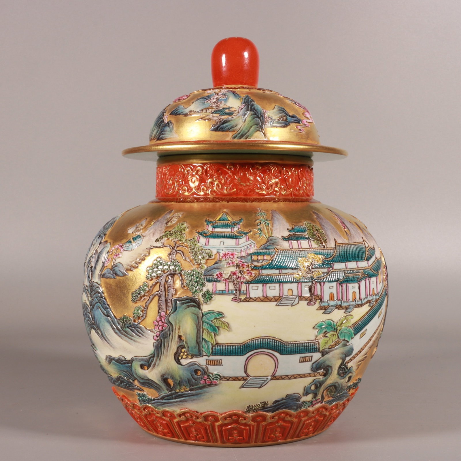 An Exquisite Enamel Gold Ground Landscape Pattern Tea Caddy: An Exquisite Enamel Gold Ground Landscape Pattern Tea Caddy,Qing Dynasty, China,Qianlong Six-character Mark,Size:8.5inx6.3in
