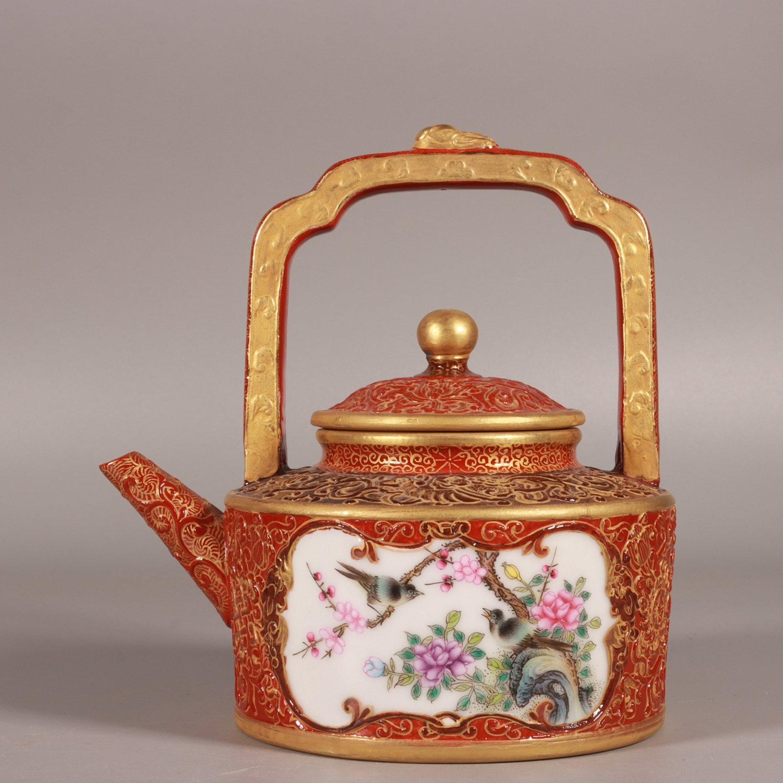 An Exquisite Enamel Iron-Red Painted Gold Flower and Bird Pattern Loop-Handled Pot: An Exquisite Enamel Iron-Red Painted Gold Flower and Bird Pattern Loop-Handled Pot,Qing Dynasty, China,Qianlong Six-character Mark,Size:6.3inx4.5in