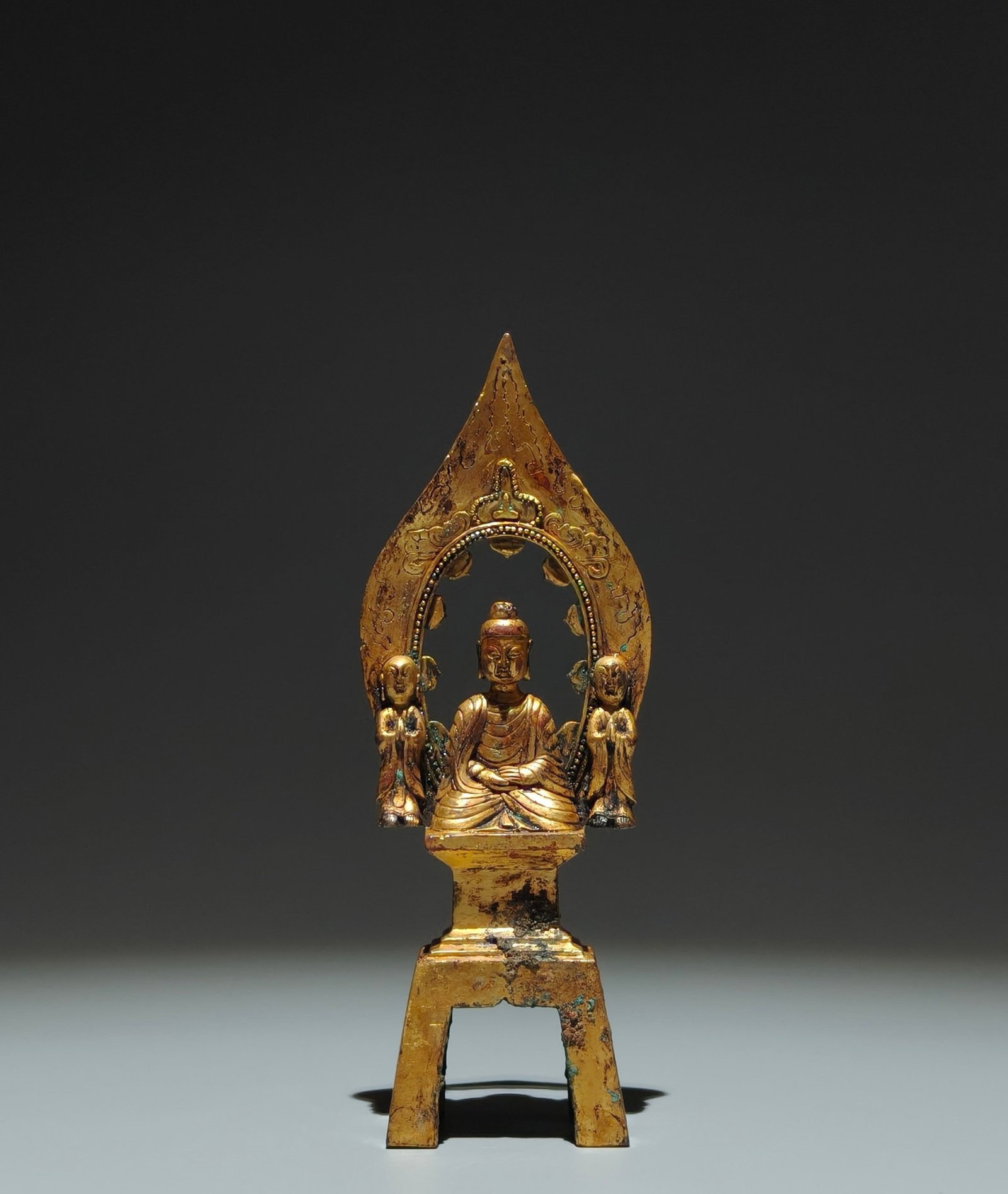 A Solemn Gilt Bronze Buddha Statue,With Inscription: A Solemn Gilt Bronze Buddha Statue,With Inscription,Tang Dynasty,China,Size:6.7inx2.6inx1.2in 铜鎏金佛像,带铭文,中国唐代