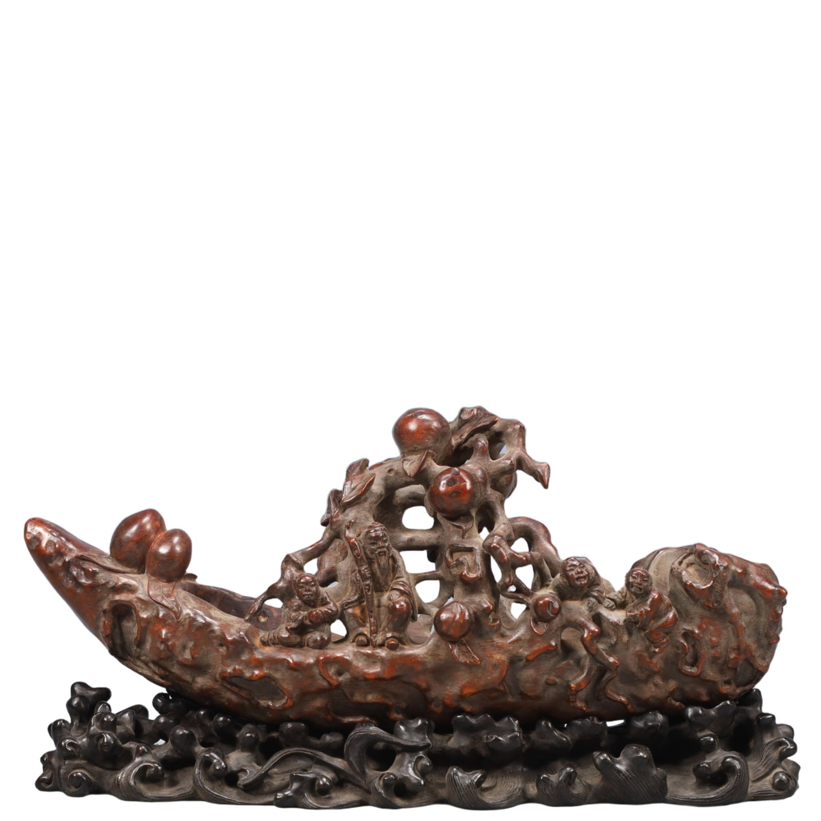 An Exquisite Zitanwood Figure Pattern Boat Ornament: An Exquisite Zitanwood Figure Pattern Boat Ornament,Qing Dynasty, China,Size:12.6inx3.9inx6.7in,Weight:1050g