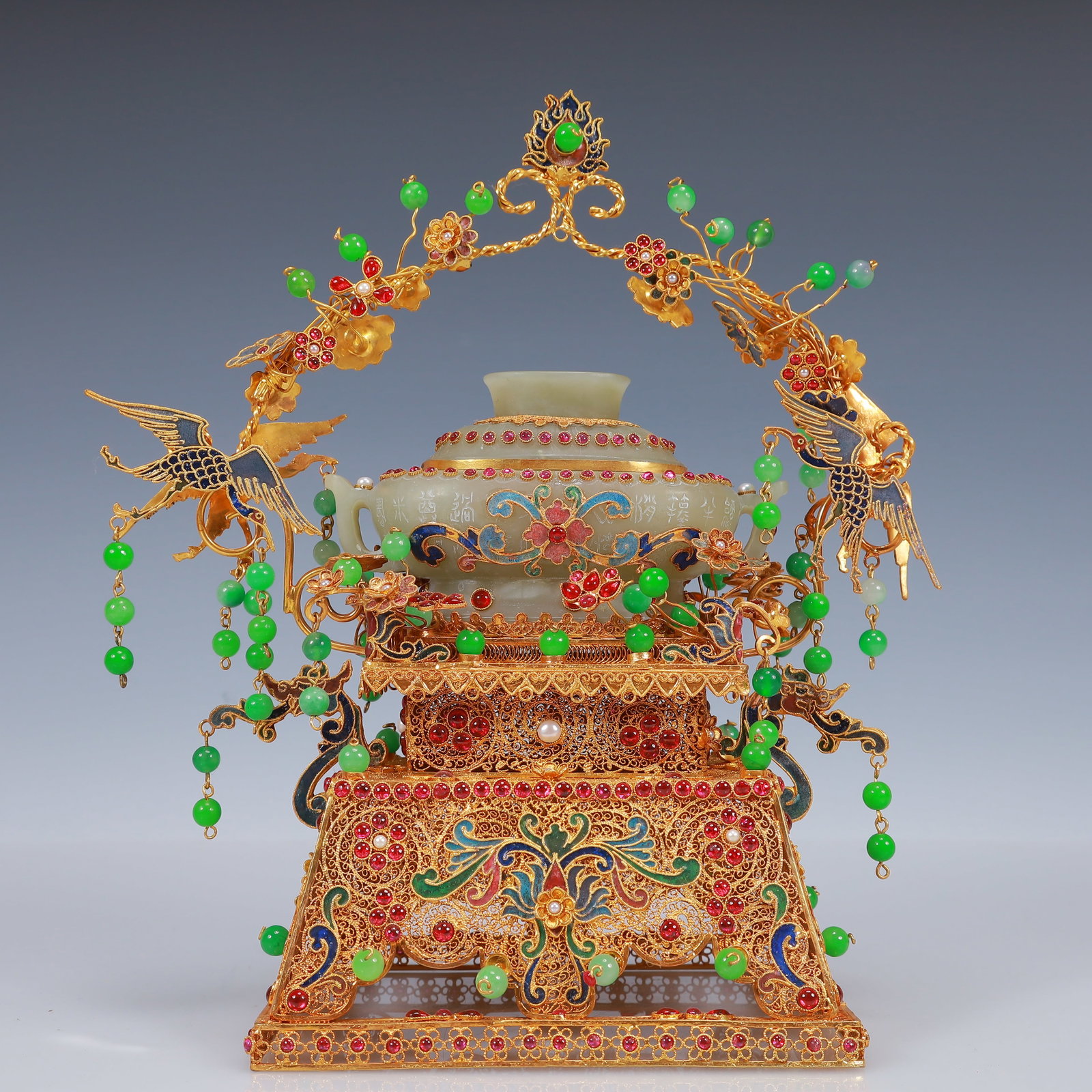 An Exquisite Filigree and Gilding Inlaid White Jade Poem Double-Ears Censer,Inlaid Gems: An Exquisite Filigree and Gilding Inlaid White Jade Poem Double-Ears Censer,Inlaid Gems,Qing Dynasty, China,Qianlong Four-Character Mark,Size:9.1inx4.7inx10.2in,Weight:1000g 花丝鎏&#