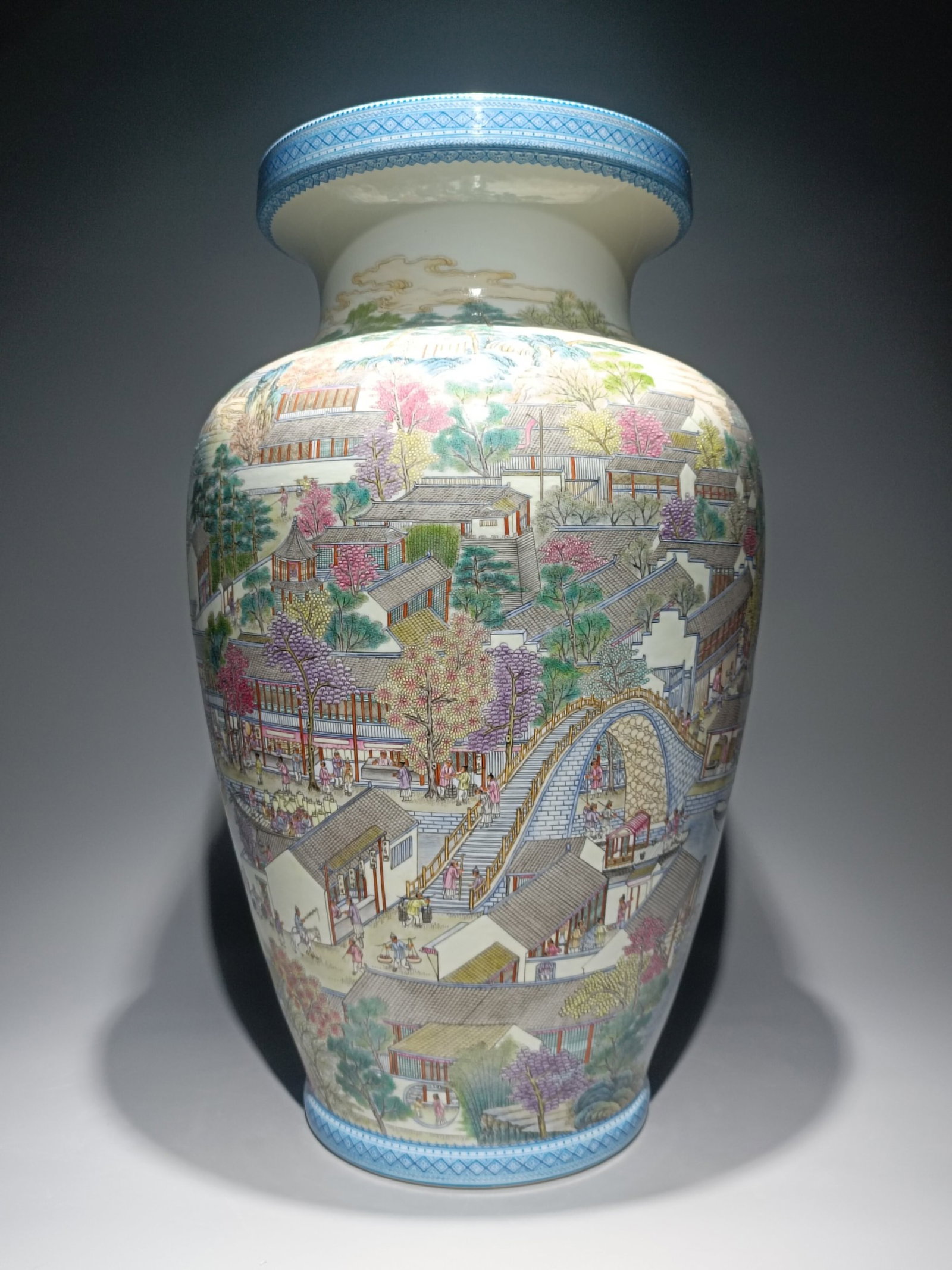 A Huge Famille-Rose Landscape and Figure Pattern Vase: A Huge Famille-Rose Landscape and Figure Pattern Vase,Qing Dynasty,China,Qianlong Six-character Mark,Size:21.6inx13in