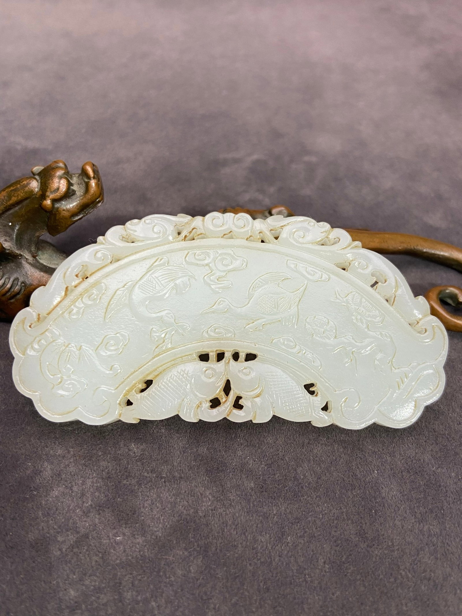 An Exquisite White Jade Auspicious Cloud,Crane and Deer Pattern Pendant: An Exquisite White Jade Auspicious Cloud,Crane and Deer Pattern Pendant,Qing Dynasty,China,Size:85mmx42.6mmx7mm,Weight:55g