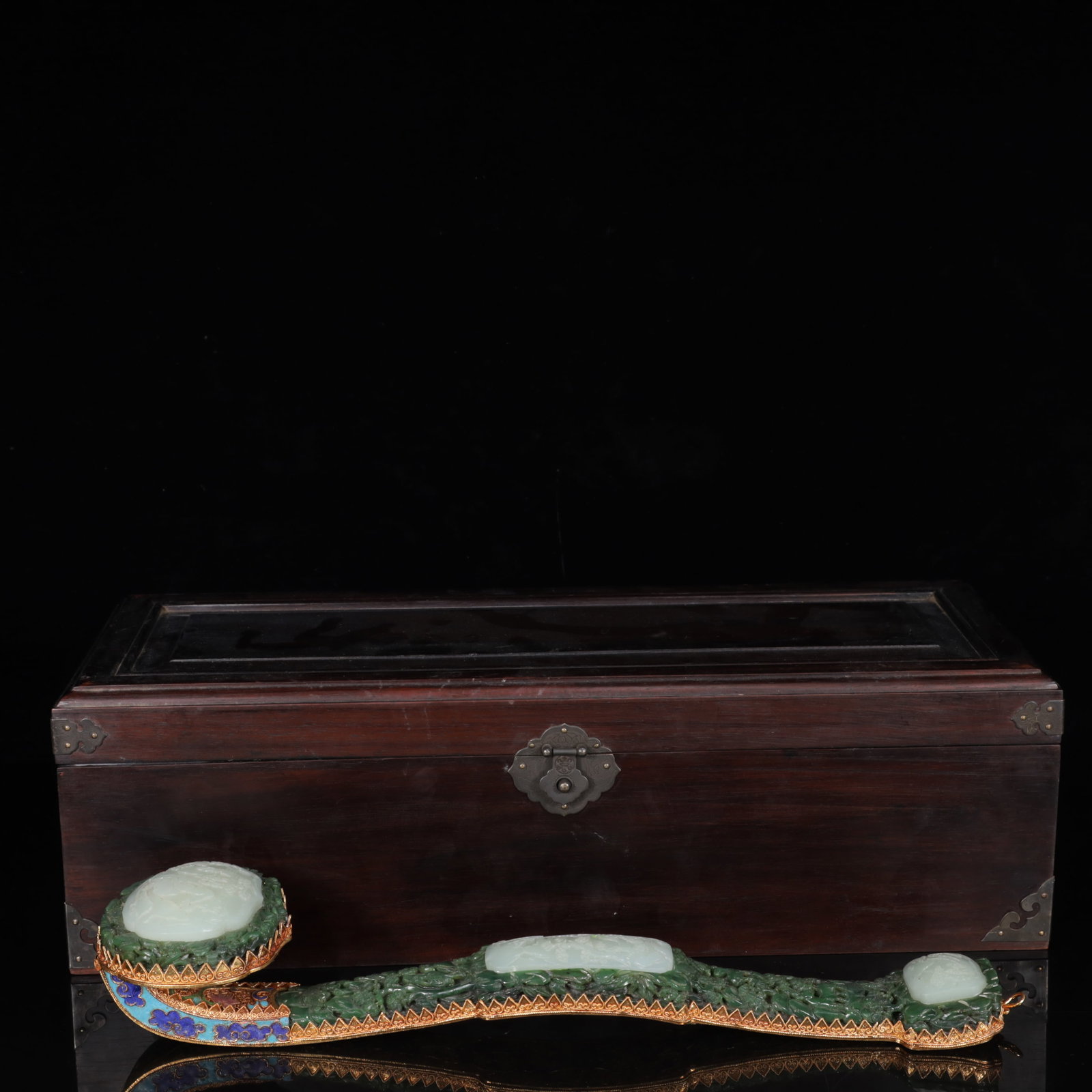 An Exquisite Jasper Inlaid Gems Landscape Pattern Ruyi: An Exquisite Jasper Inlaid Gems Landscape Pattern Ruyi,Qing Dynasty,China,Size:(Ruyi)15.7inx3.9inx2.8in,(Box)18.5inx6.7inx5.5in,Weight:1250g