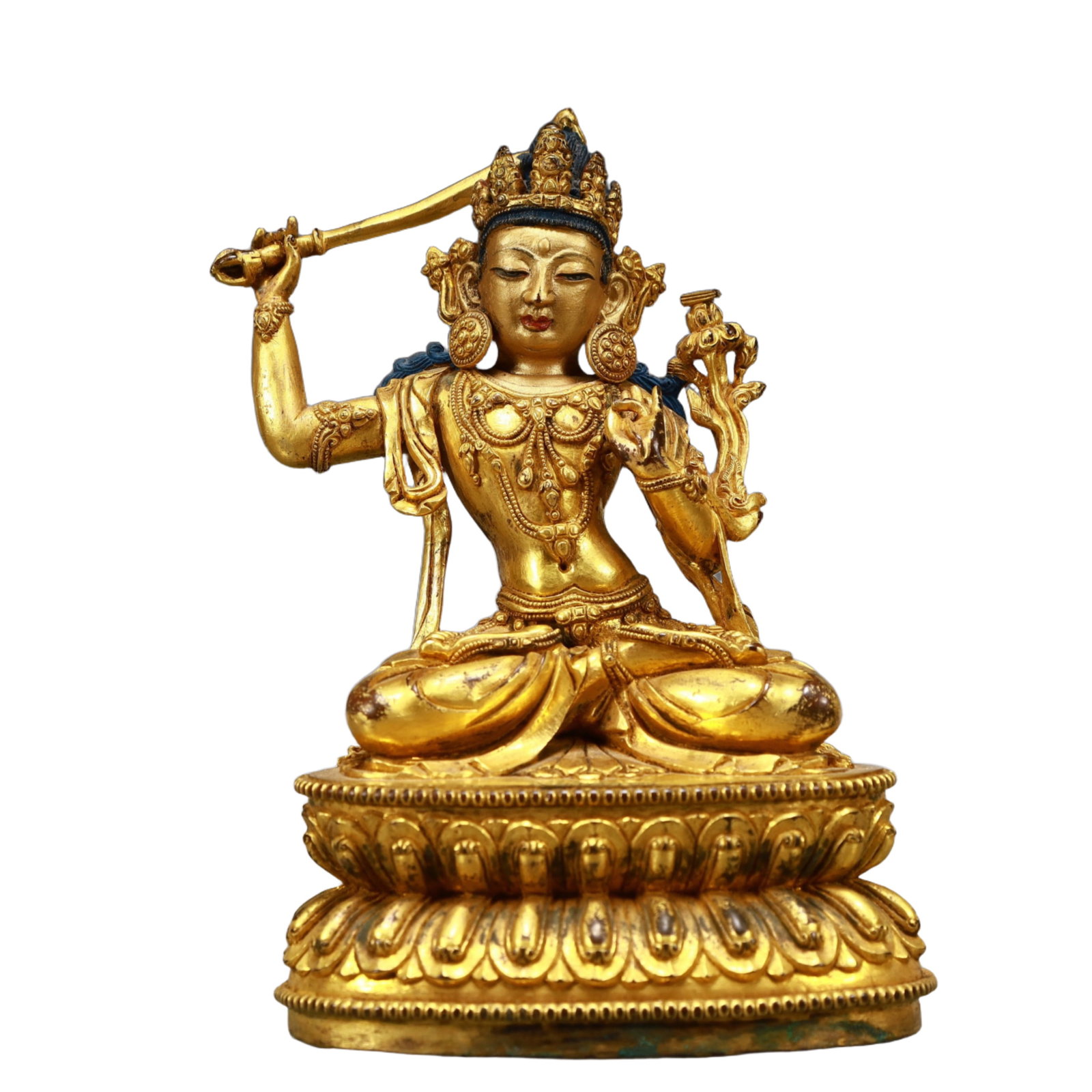 A Solemn Gilt Bronze Statue of Manjusri: A Solemn Gilt Bronze Statue of Manjusri,Ming Dynasty, China,Yongle Six-character Mark,Size:4.5inx3inx7.1in,Weight:1200g 铜鎏金文殊菩萨像,中国