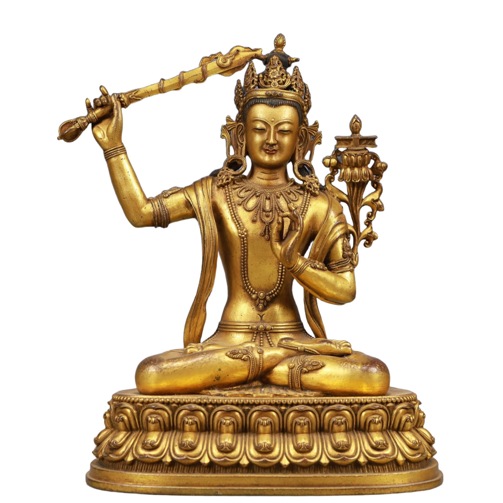 A Solemn Gilt Bronze Statue of Manjusri: A Solemn Gilt Bronze Statue of Manjusri, Qing Dynasty, China, Kangxi Mark, Size:9.4inx7.1inx12.4in, Weight:5900g