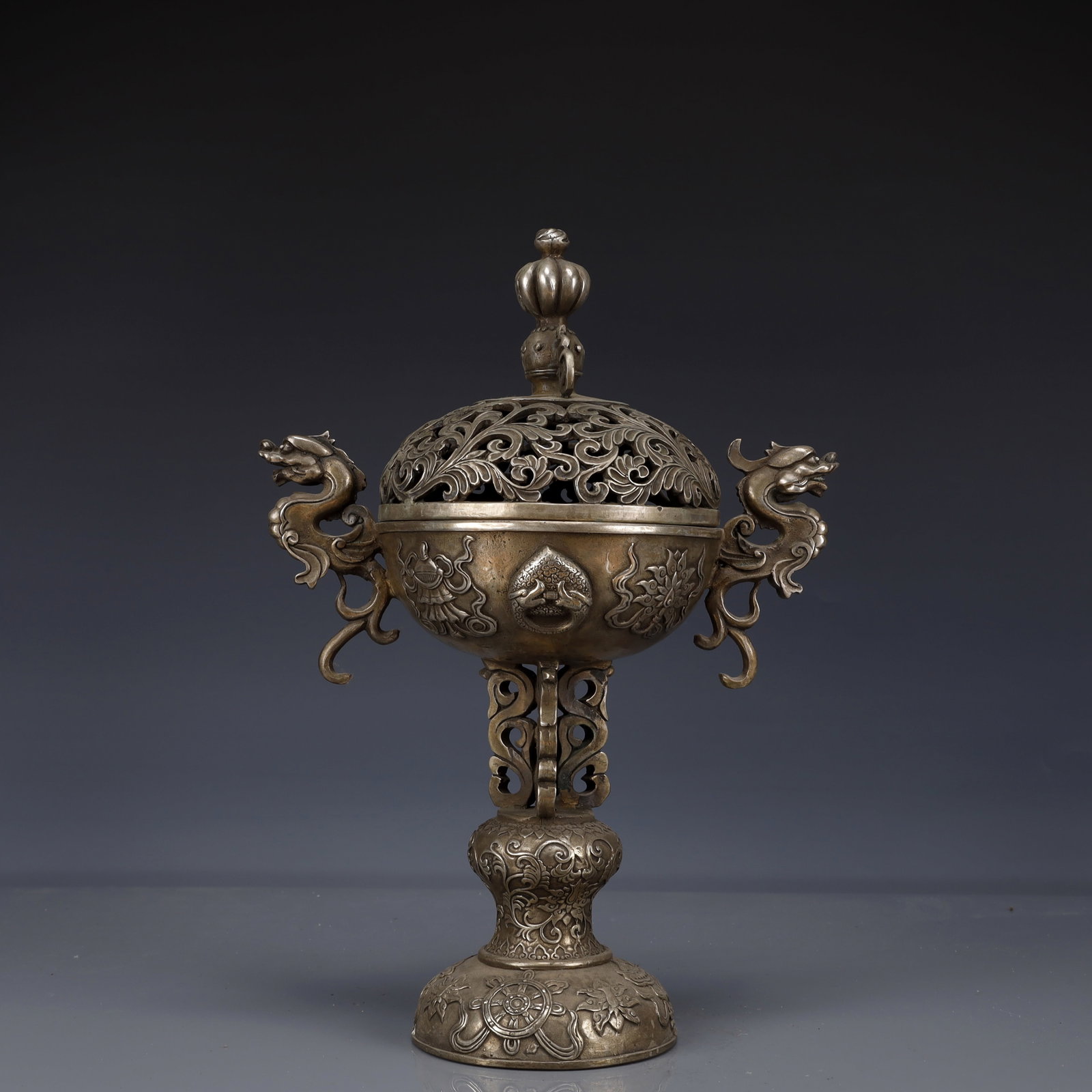 An Exquisite Silver-Plated Bronze Eight Treasures Pattern Dragon-Ears Censer: An Exquisite Silver-Plated Bronze Eight Treasures Pattern Dragon-Ears Censer,The Republic of China,Size:8.3inx5.5inx12.2in,Weight:1650g
