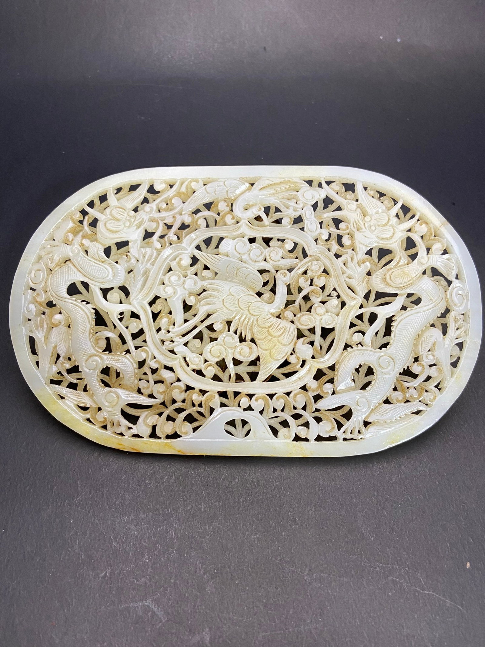 An Exquisite White Jade Crane Dragon Pattern Ornament: An Exquisite White Jade Crane Dragon Pattern Ornament,Qing Dynasty,China,Size:160mmx108mmx6mm,Weight:197g 白玉鹤龙纹摆件,中国清代