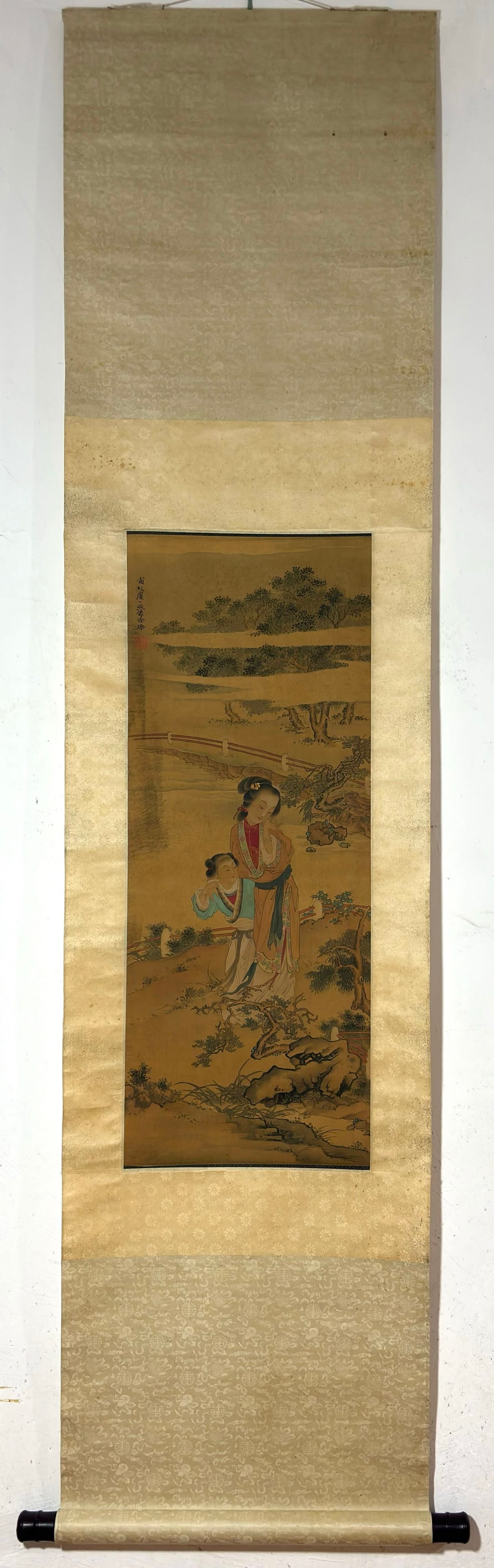 A Chinese Vertical Scroll Ink Painting of Landscape and Figure on Silk,Xu Cao: A Chinese Vertical Scroll Ink Painting of Landscape and Figure on Silk,Xu Cao,Size:(Without frame)33.1inx13in