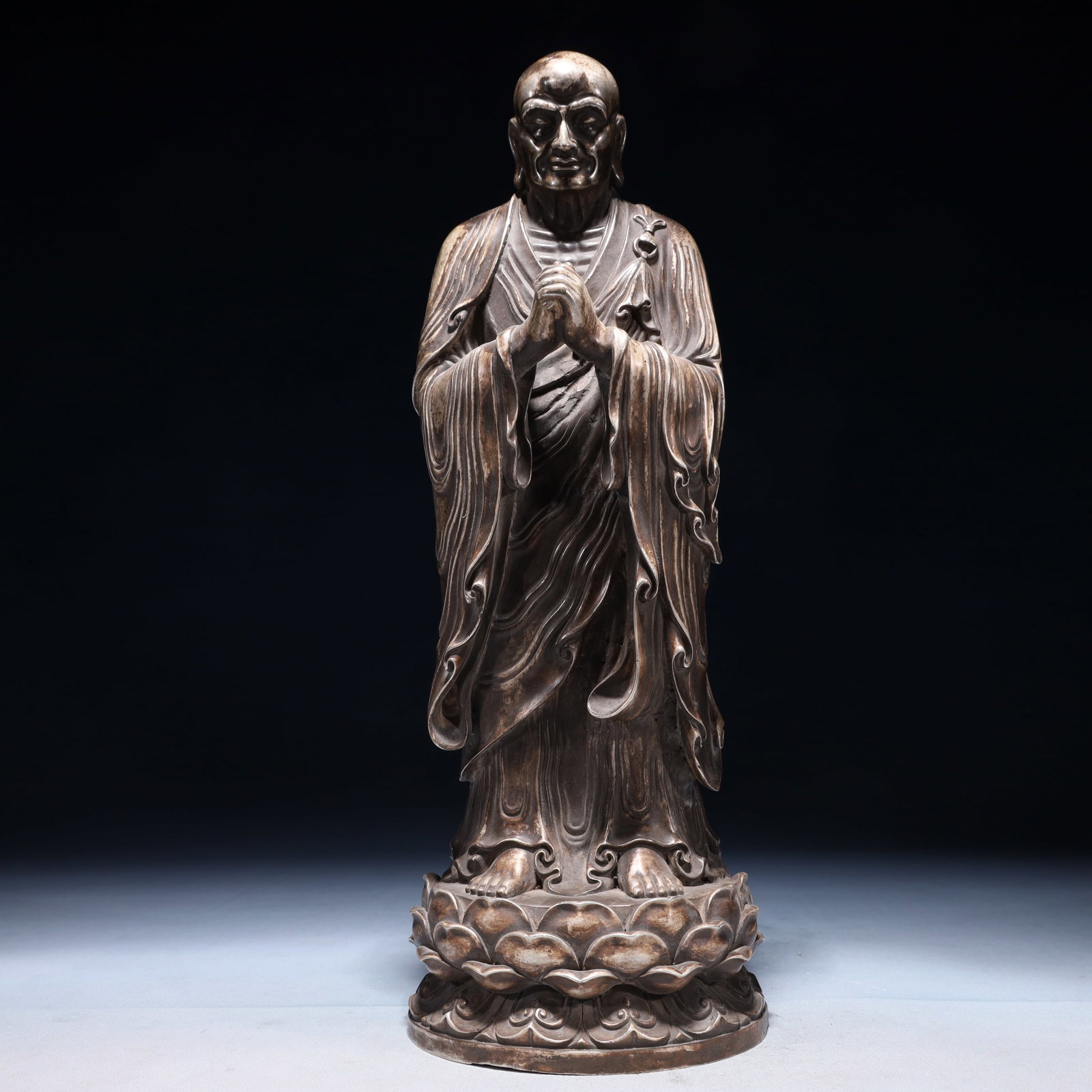 A Solemn Silver-plated Bronze Statue of Arhat: A Solemn Silver-plated Bronze Statue of Arhat,Qing Dynasty,China,Size:5.1inx15in,Weight:2950g 铜镀银罗汉像,中国清代