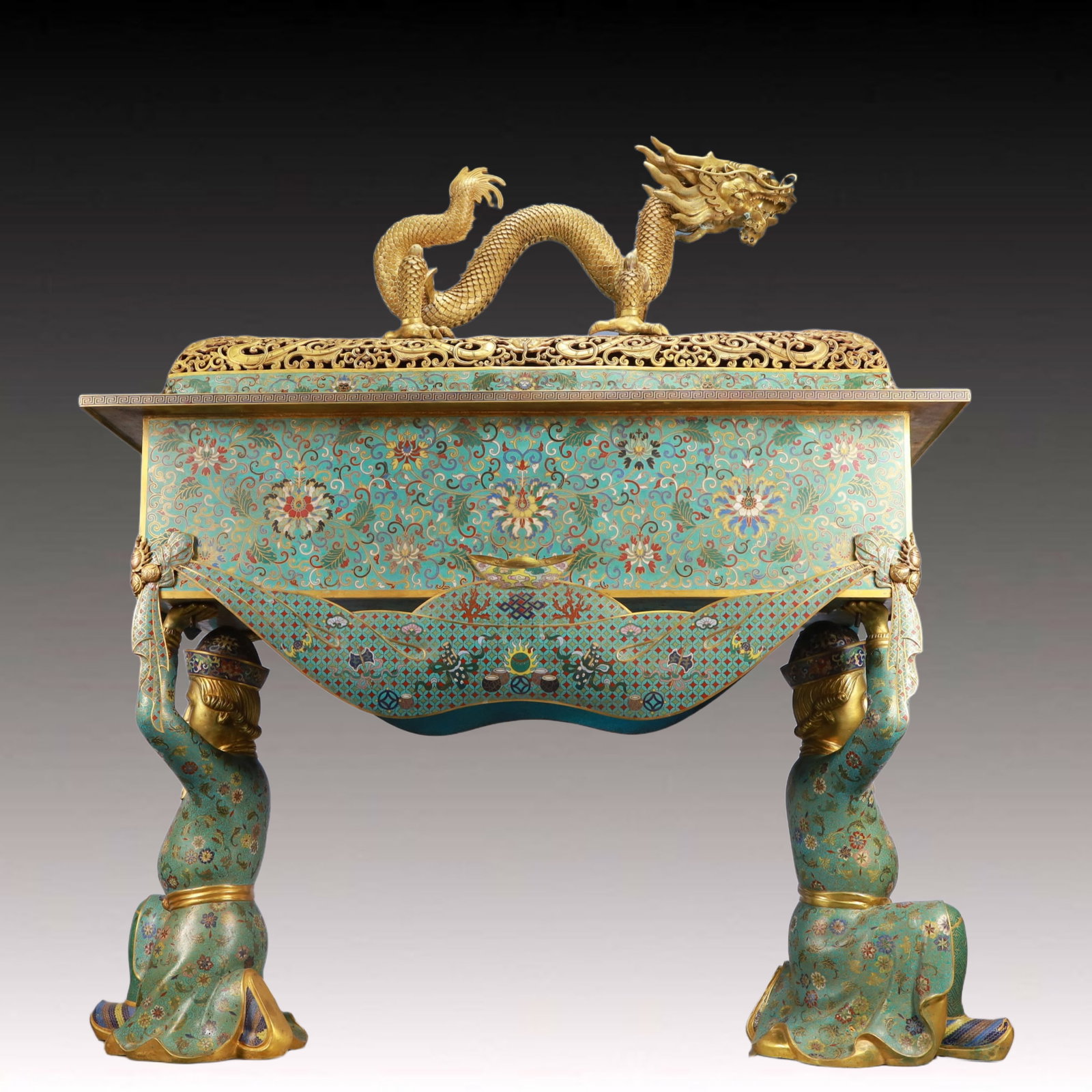 A Huge Cloisonne Lotus Pattern Dragon-Cover Figure Censer: A Huge Cloisonne Lotus Pattern Dragon-Cover Figure Censer,Qing Dynasty, China,Qianlong Six-character Mark,Size:35inx17.1inx39.4in,Weight:80kg