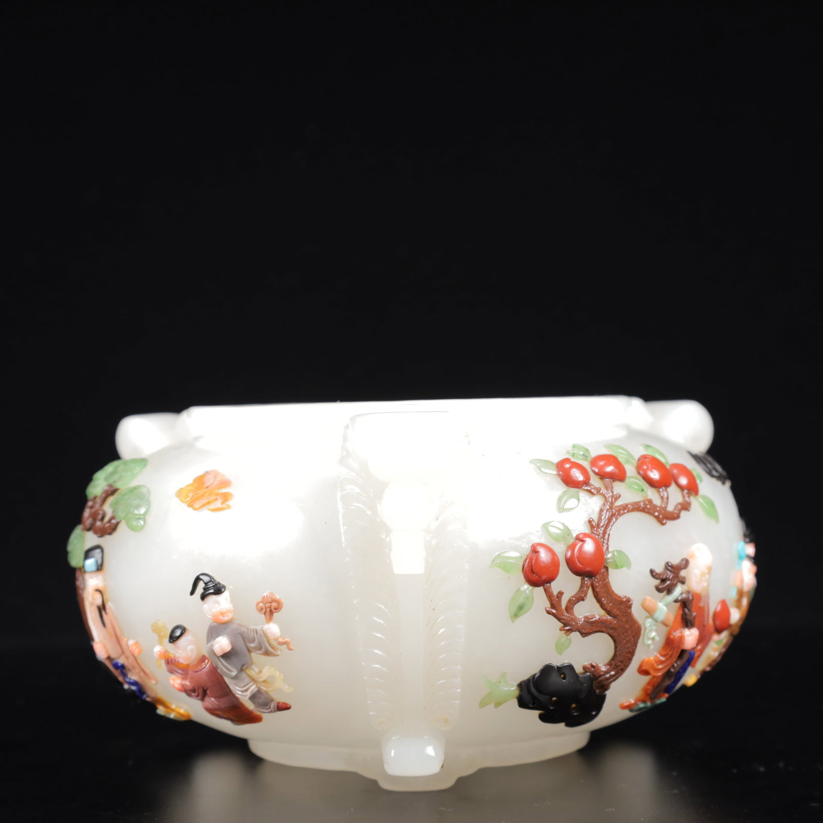 An Exquisite White Jade Inlaid Gems Figure Pattern Tripod Jar - 2