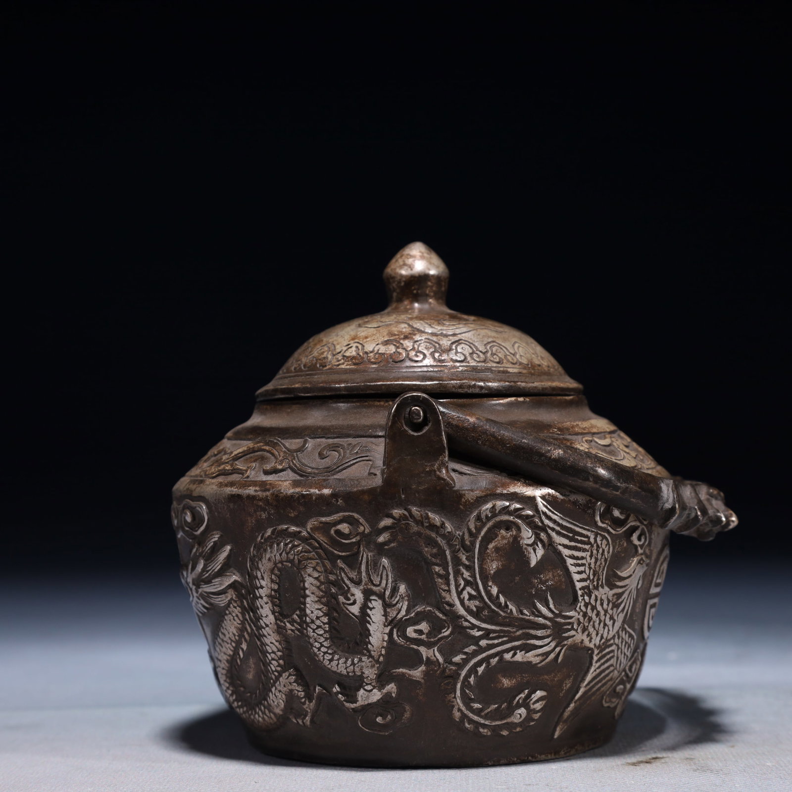 An Exquisite Silver-plated Bronze Dragon and Phoenix Pattern Loop-Handled Pot - 6