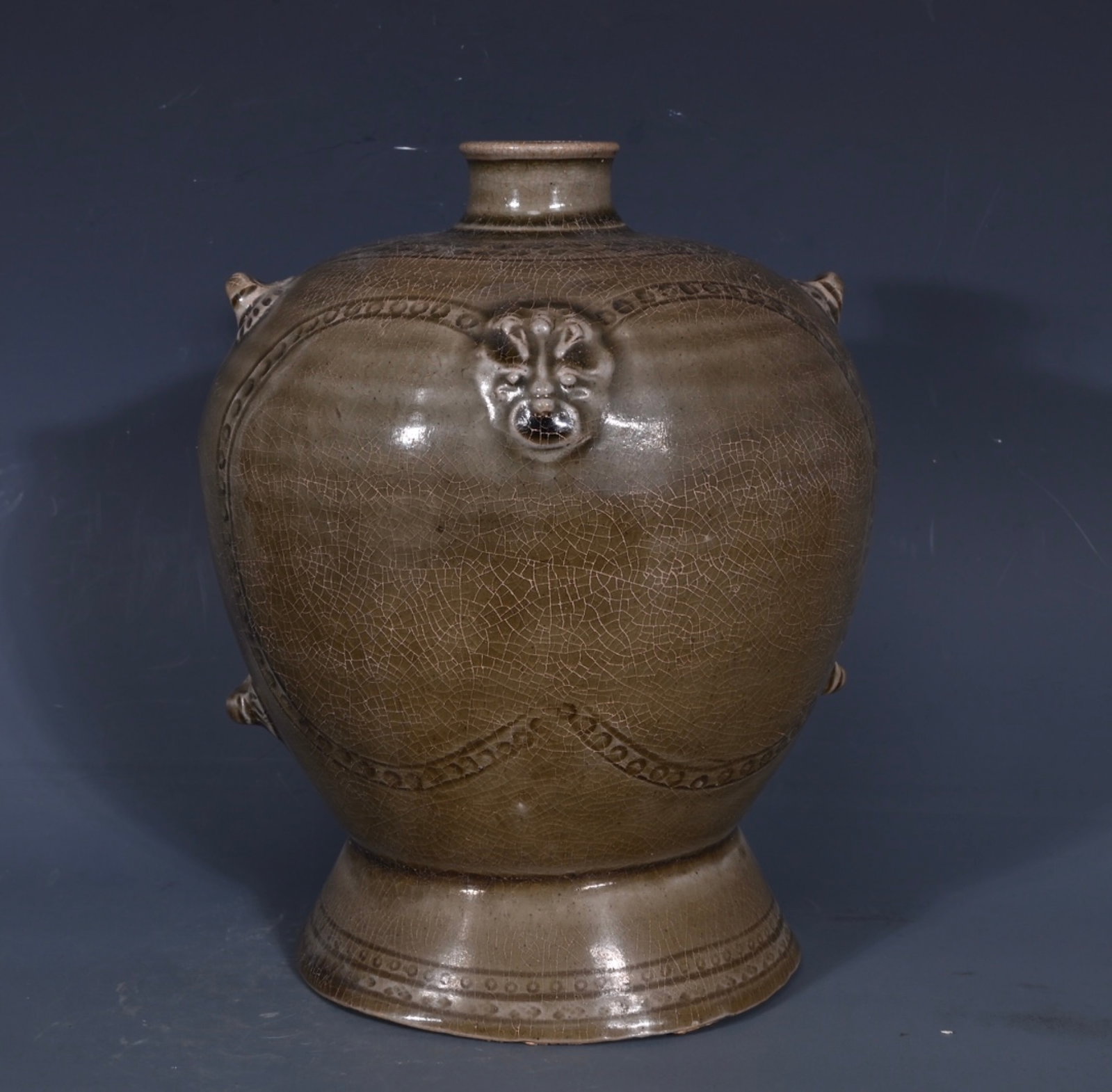 An Exquisite Yue yao Beast-Ears Vase: An Exquisite Yue yao Beast-Ears Vase,Qing Dynasty,China,Size:7.1inx5.9in 越窑兽耳瓶,中国清代