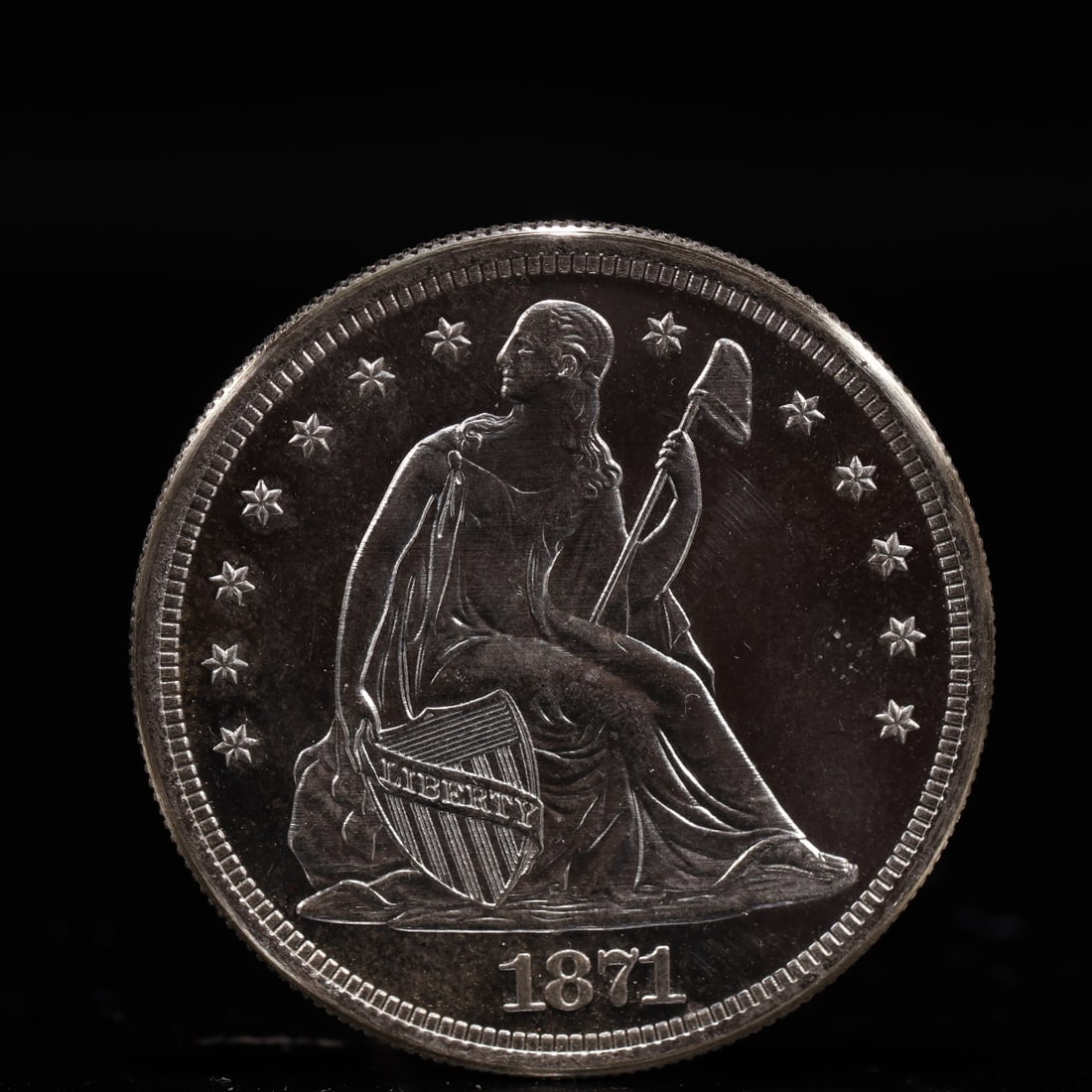 USA One Dollar 1871 Coin: American coin. IN GOD WE TRUST / LIBERTY / 1871 / UNITED STATES OF AMERICA / ONE DOL. Mint Mark: CC.Weight:26.9g.