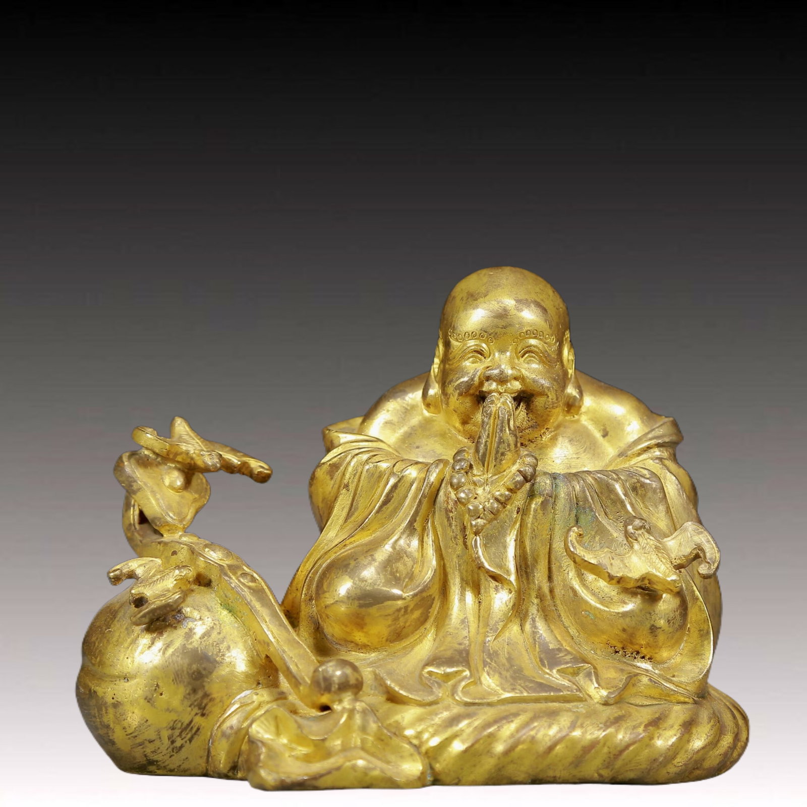A Solemn Gilt Bronze Statue of Maitreya Buddha: A Solemn Gilt Bronze Statue of Maitreya Buddha,Ming Dynasty, China,Size:5.5inx3.9inx3.7in,Weight:1275g 铜鎏金弥勒佛像，明代