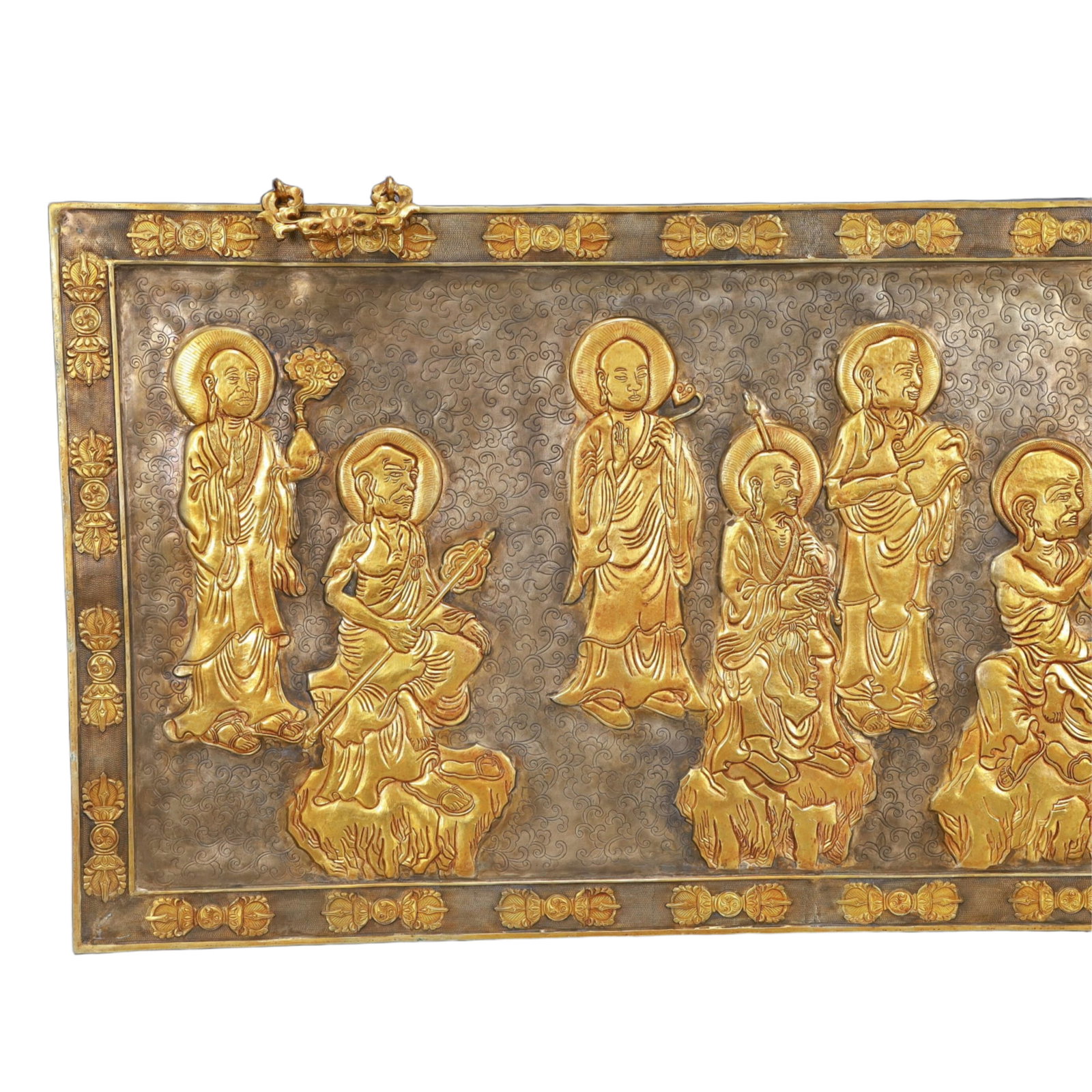 A Rare Gilt Silver Arhat Pattern Hanging Panel,With Scriptures - 2