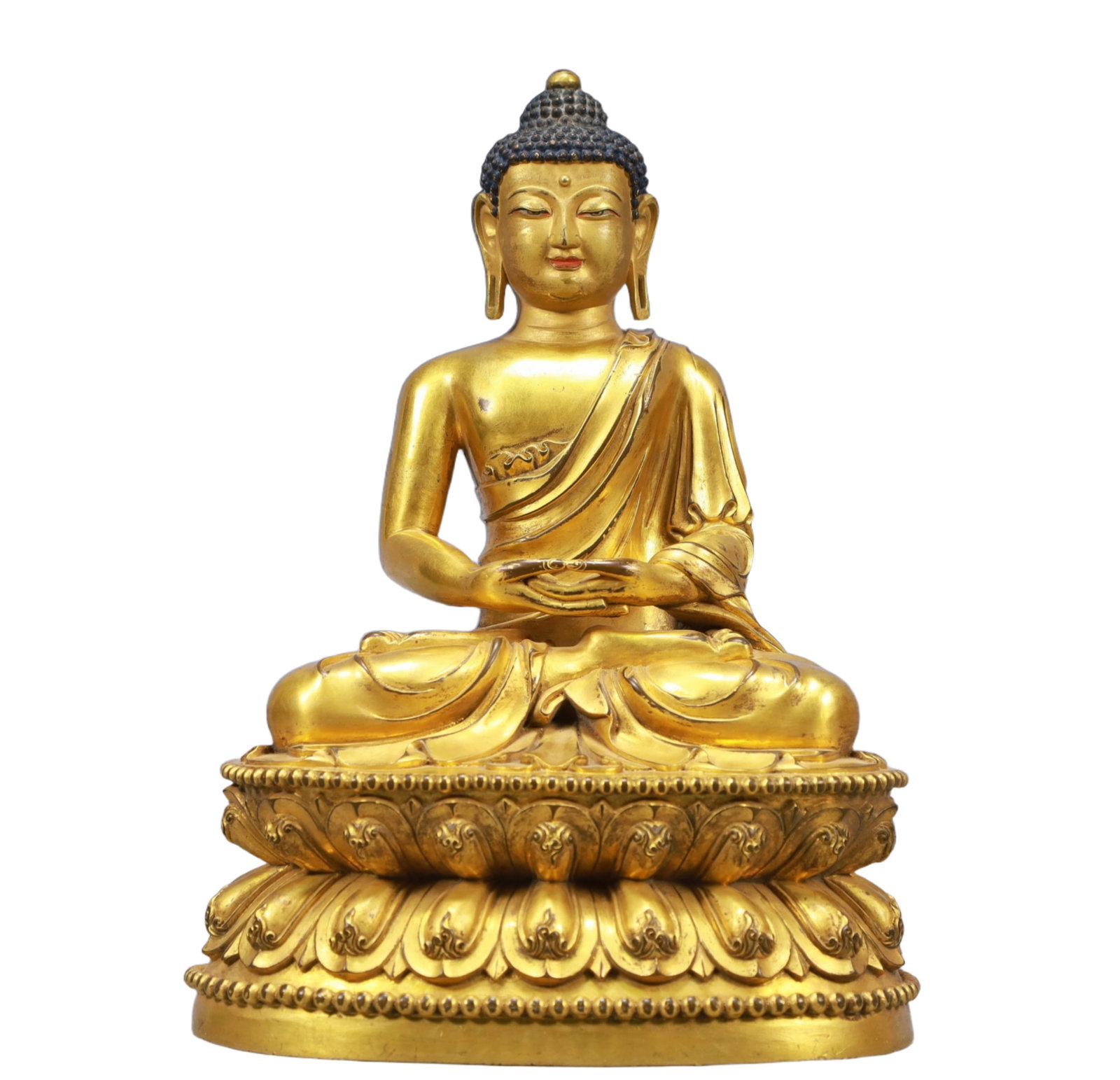 A Solemn Gilt Bronze Statue of Sakyamuni: A Solemn Gilt Bronze Statue of Sakyamuni ,Ming Dynasty, China,Xuande Six-character Mark,Size:7.9inx6.3inx11.2in Weight:6350g 铜鎏金释迦牟尼像,中&#