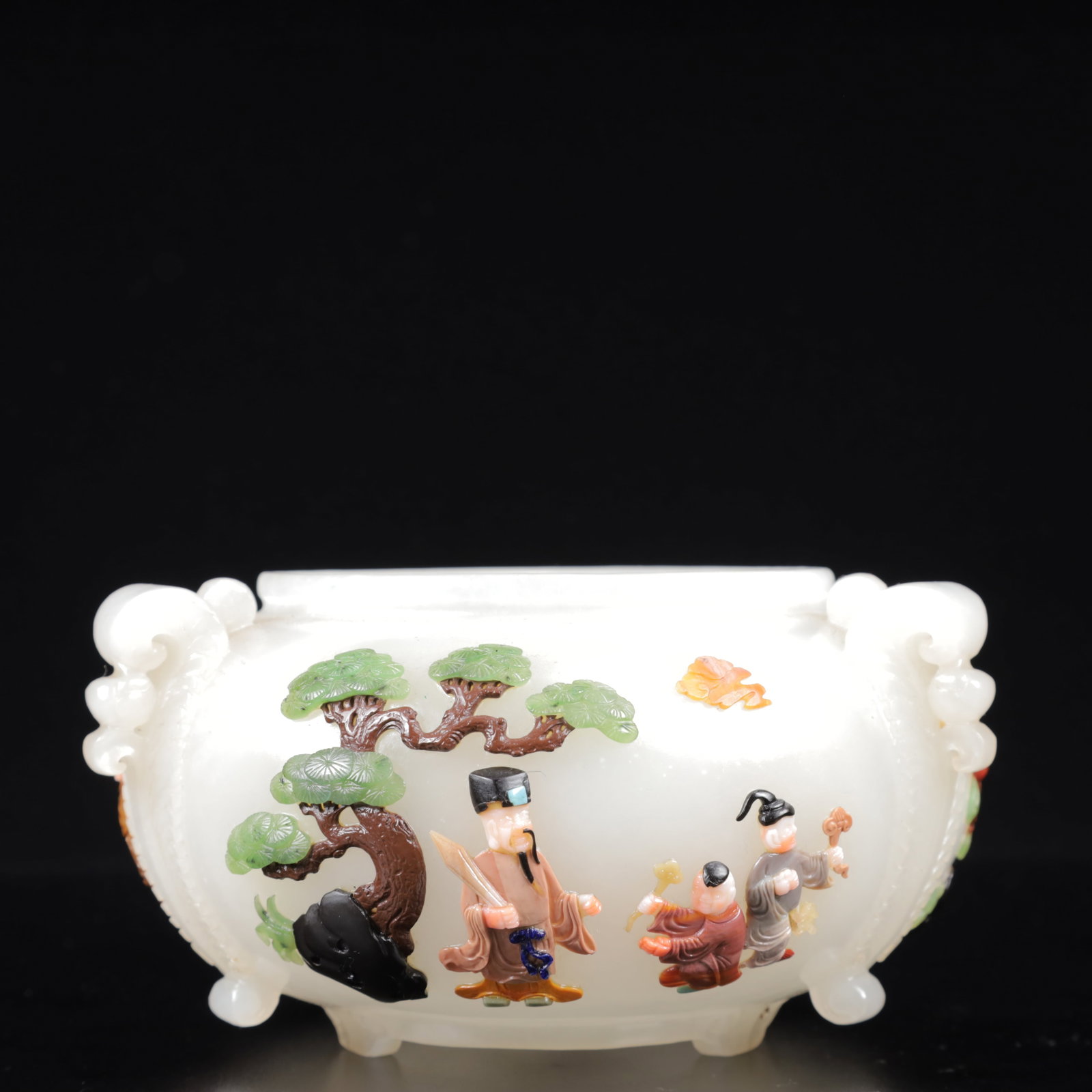 An Exquisite White Jade Inlaid Gems Figure Pattern Tripod Jar: An Exquisite White Jade Inlaid Gems Figure Pattern Tripod Jar,Qing Dynasty, China,Qianlong Four-character Mark,Size:6.3inx3.5in,Weight:750g