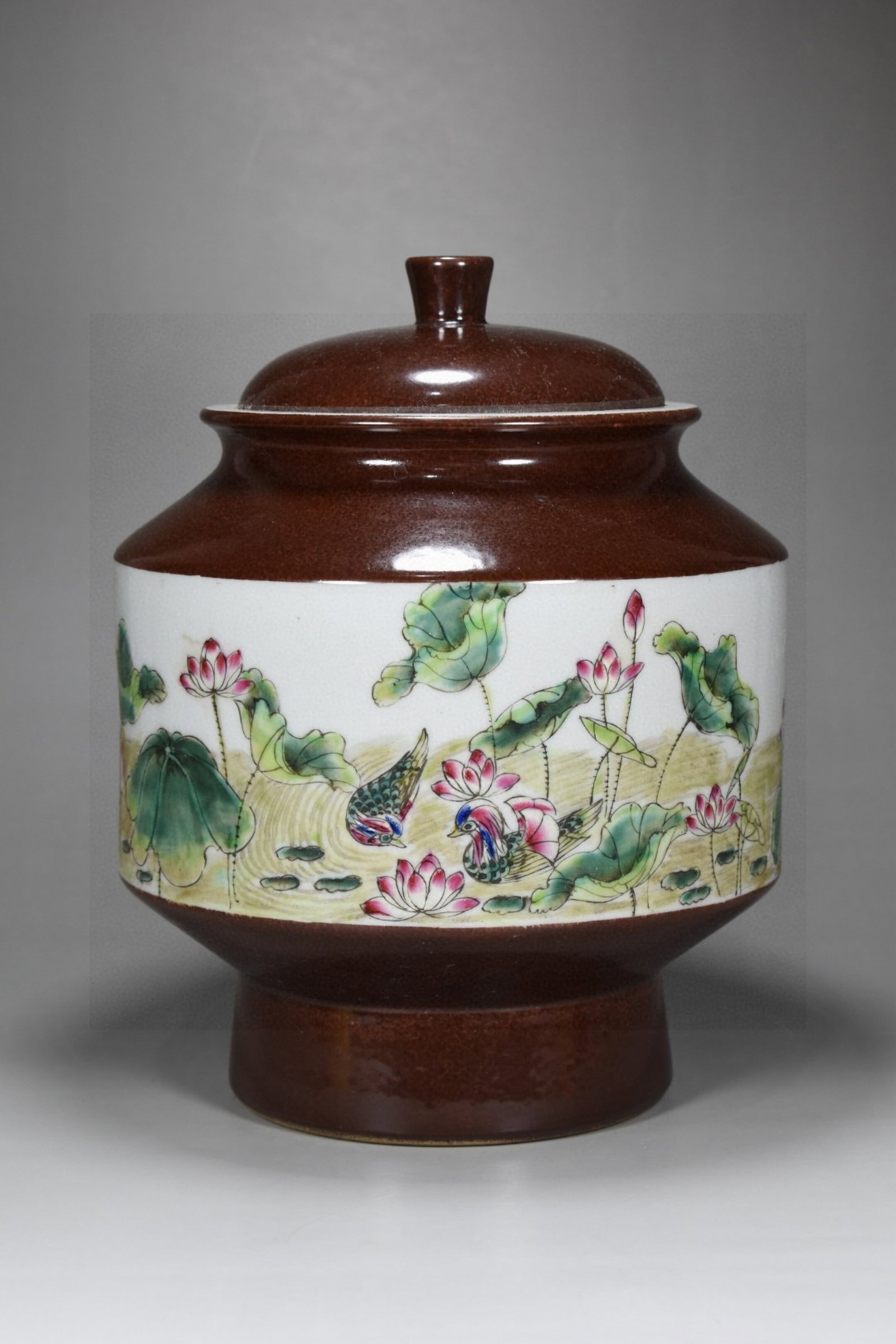 A Rare Famille-Rose Flower and Mandarin Duck Pattern Jar with Cover: A Rare Famille-Rose Flower and Mandarin Duck Pattern Jar with Cover,Qing Dynasty,China,Yongzheng Six-character Mark,Size:11.8inx8.7in 粉彩花卉鸳鸯纹盖&#