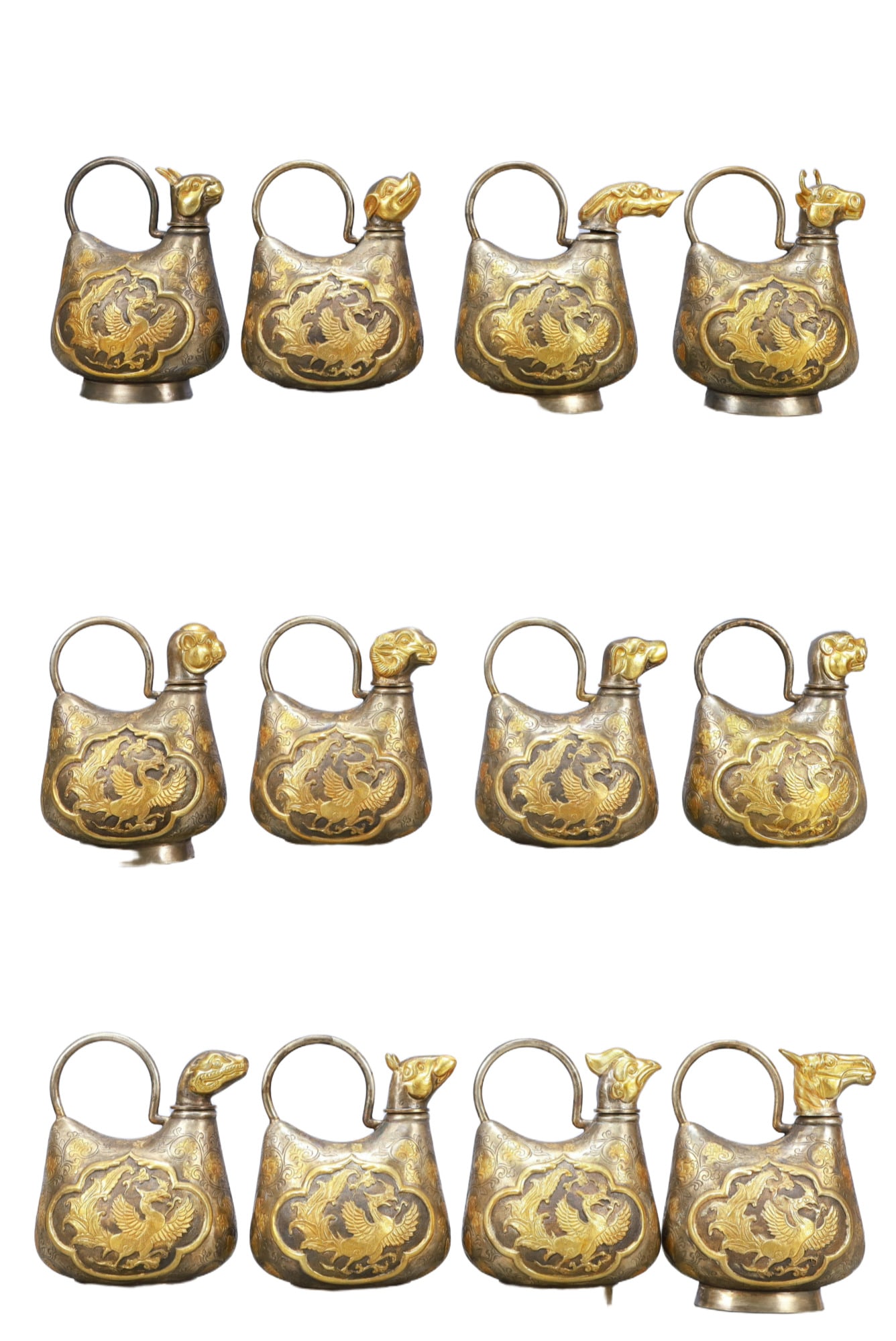 A Set of Rare Gilt Silver Dragon and Phoenix Pattern The twelve Chinese zodiac signs Ewers: A Set of Rare Gilt Silver Dragon and Phoenix Pattern The twelve Chinese zodiac signs Ewers,Tang Dynasty, China,Zhenguan Four-character Mark,Size:5.1inx3.7inx6.3in,Weight:7500g 一套银