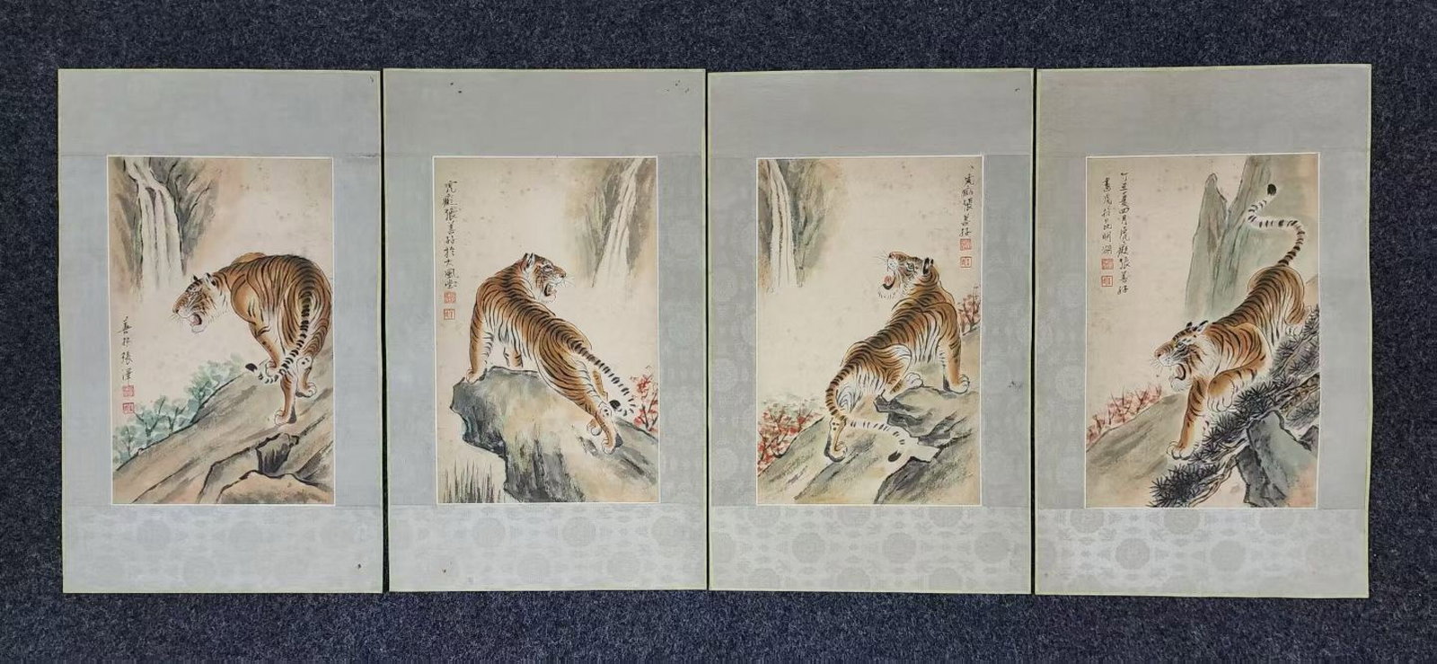 A Set of Chinese Ink Painting of Tiger on Paper,Zhang Shanzi: A Set of Chinese Ink Painting of Tiger on Paper,Zhang Shanzi,Size:(Without frame)12.6inx8.1in*4 一套中国水墨虎图,张善孖