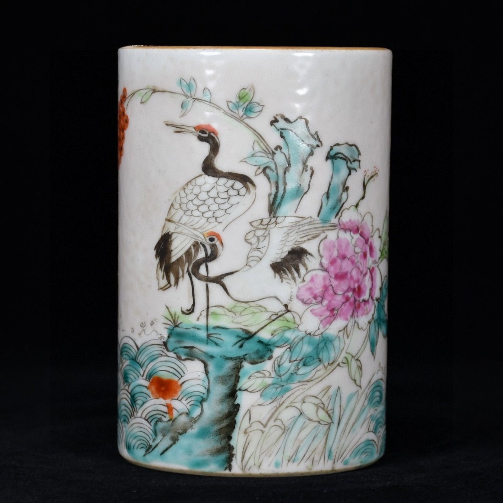 An Exquisite Light Crimson Color Flower and Crane Pattern Brush Pot (1 of 9)