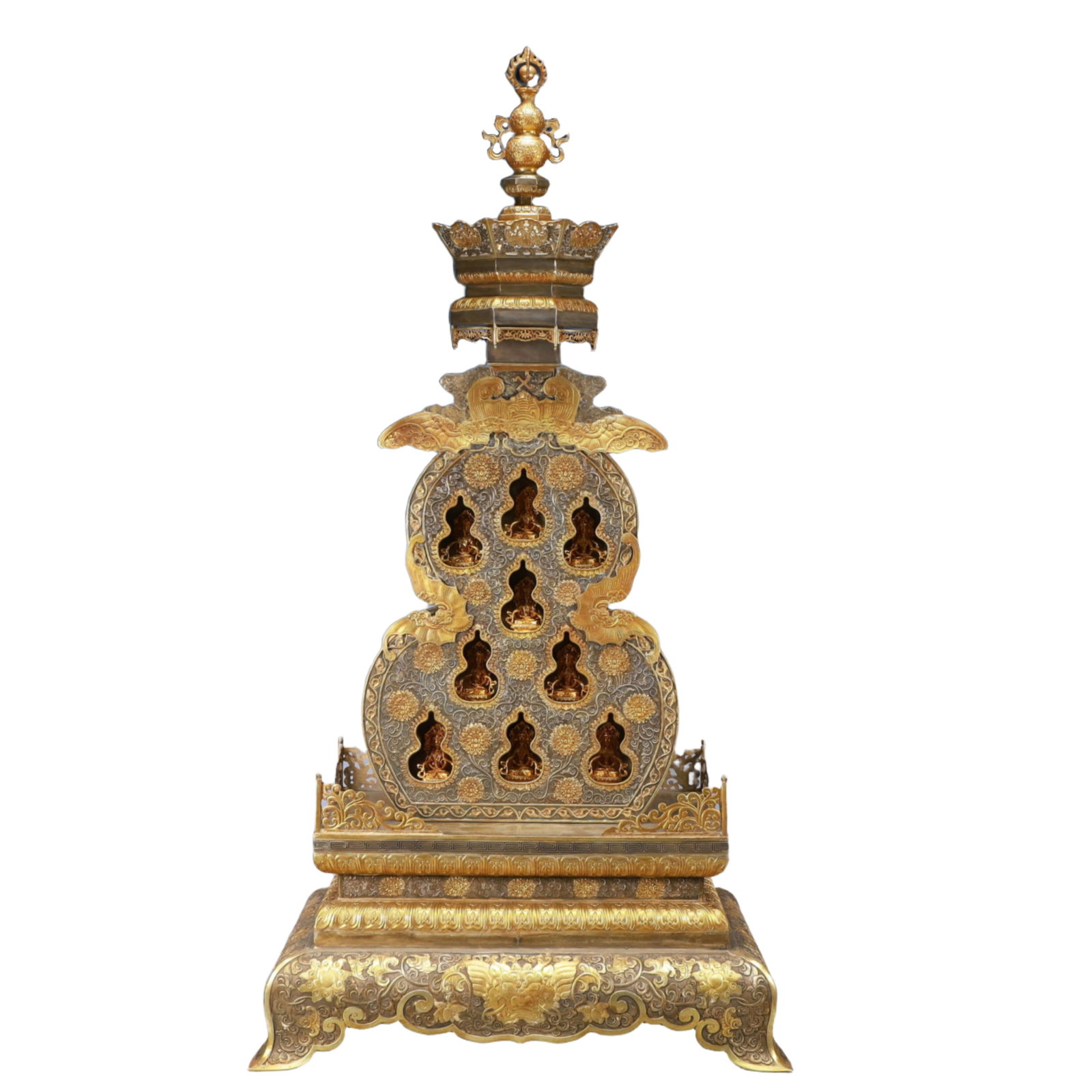 A Rare Gilt Silver Lotus and Eight Treasures Pattern Gourd-Shaped Niche: A Rare Gilt Silver Lotus and Eight Treasures Pattern Gourd-Shaped Niche,Qing Dynasty, China,Qianlong Seven-character Mark,Size:22.6inx14.2inx43.3in,Weight:29800g