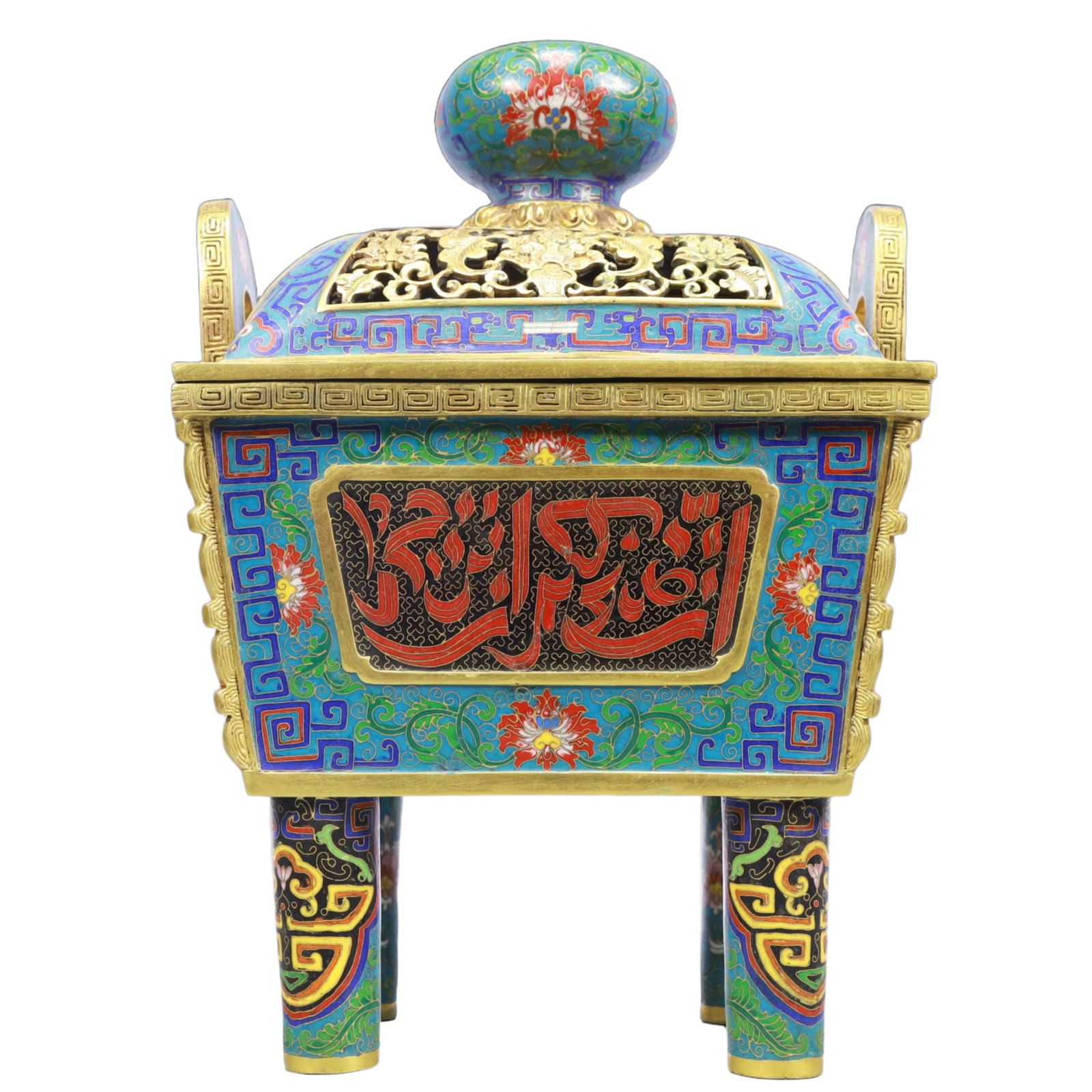 A Monumental Cloisonne Lotus Pattern Double-Ears Censer,With Arabic: A Monumental Cloisonne Lotus Pattern Double-Ears Censer,With Arabic,Qing Dynasty, China,Qianlong Four-character Mark,Size:10.2inx8.1inx14.6in Weight:12300g