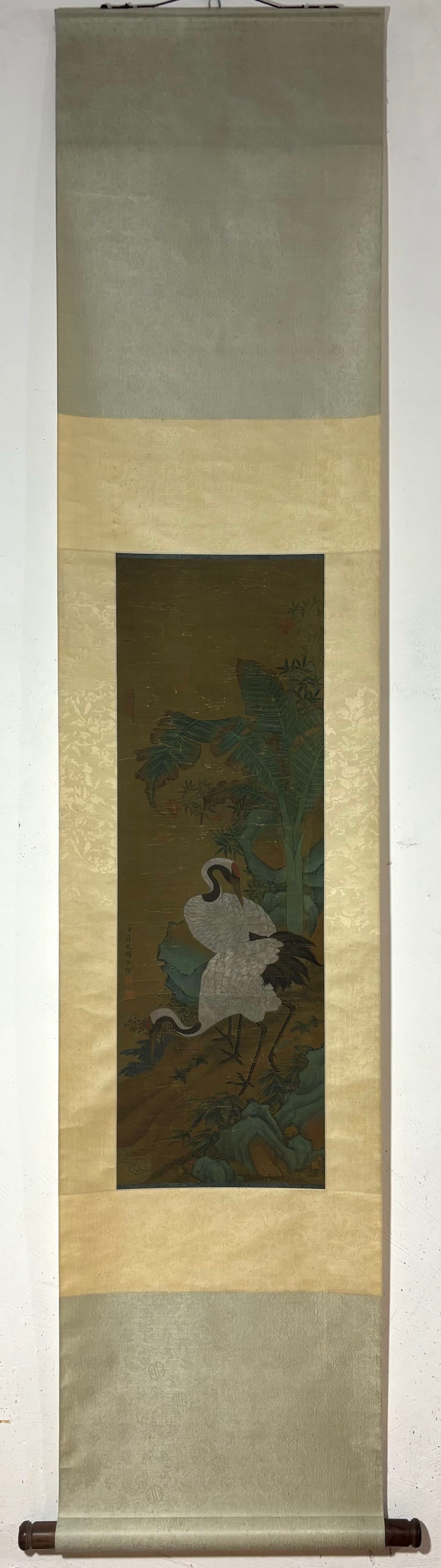 A Chinese Vertical Scroll Ink Painting of Crane on Silk,Jiang Tingxi: A Chinese Vertical Scroll Ink Painting of Crane on Silk,Jiang Tingxi,Size:(Without frame)33.3inx11in