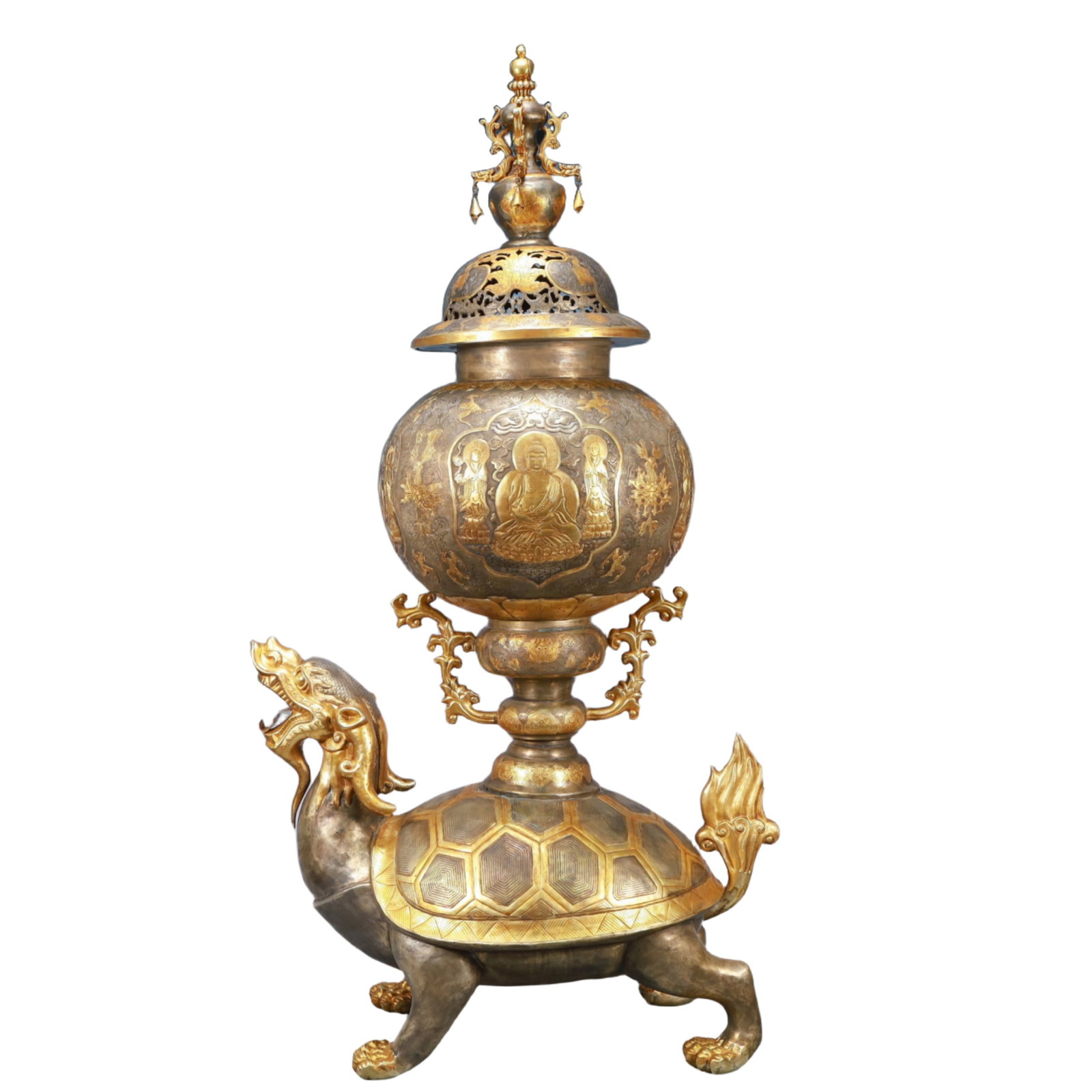A Rare Gilt Silver Buddha Statue Pattern Dragon Turtle Censer: A Rare Gilt Silver Buddha Statue Pattern Dragon Turtle Censer,Tang Dynasty, China,Zhenguan Four-character Mark,Size:22.8inx11.4inx41.3in,Weight:10200g