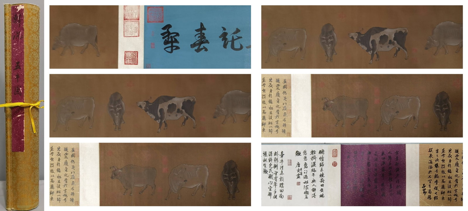 A Chinese Hand Scroll Ink Painting of Buffalo on Paper,: A Chinese Hand Scroll Ink Painting of Buffalo on Paper,Size:59.1inx13.8in.中国水墨牛图手卷,韩滉,