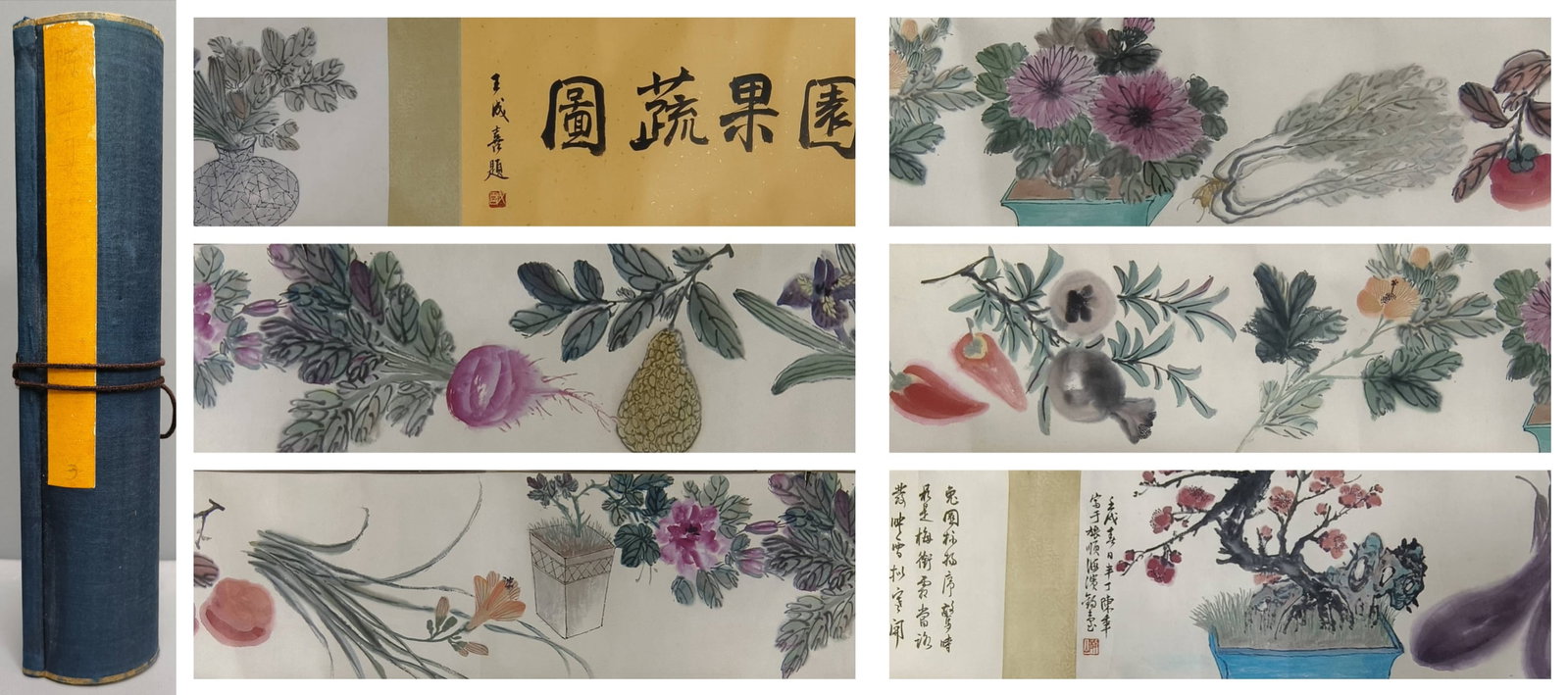 A Chinese Hand Scroll Ink Painting of Flowe on Paper: A Chinese Hand Scroll Ink Painting of Flowe on Paper,Size:129.9inx11in.中国水墨花卉画手卷,陈半丁,