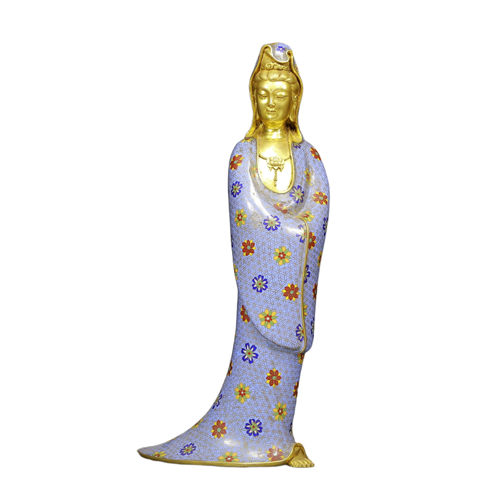 A Huge Cloisonne Avalokitesvara Statue Ornament: A Huge Cloisonne Avalokitesvara Statue Ornament,Qing Dynasty, China,Qianlong Four-character Mark,Size:9.1inx5.1inx20.1in,Weight:5345g 景泰蓝观音像摆件&#