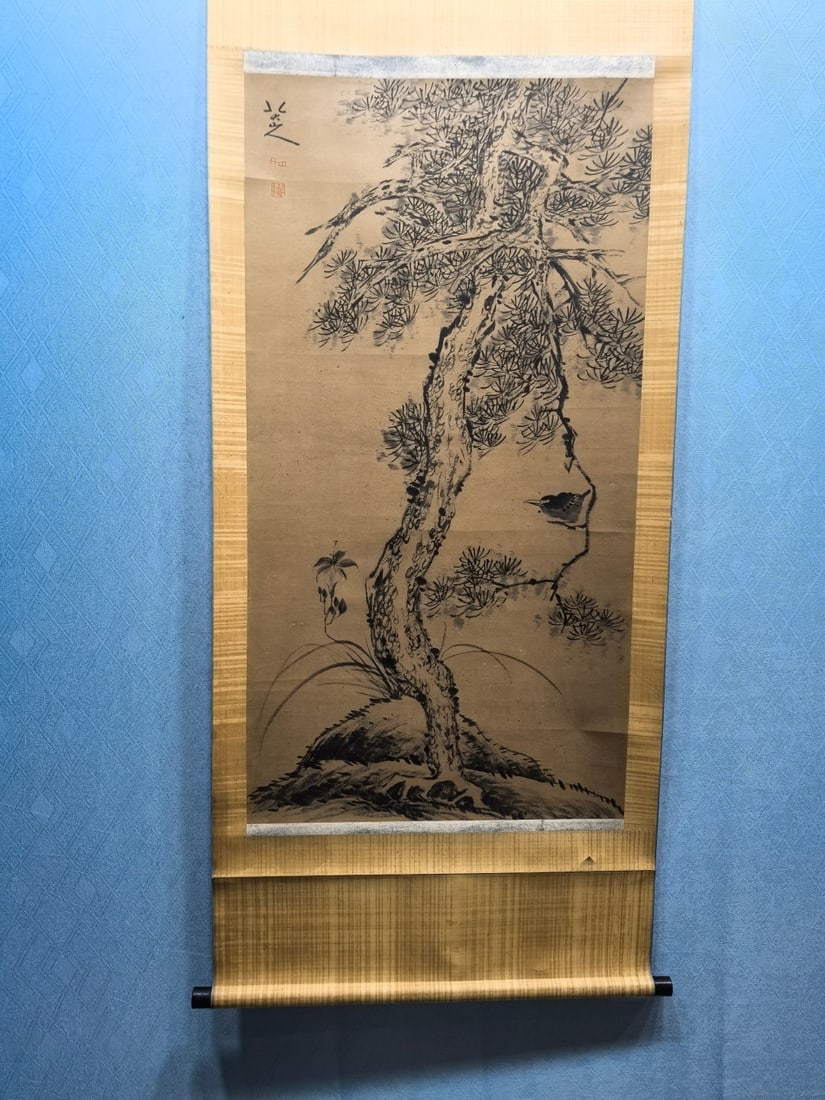 A Chinese Vertical Scroll Ink Painting of Pine and Bird on Paper,Bada Shanren: A Chinese Vertical Scroll Ink Painting of Pine and Bird on Paper,Bada Shanren,Size:(Without frame)23.6inx44.1in