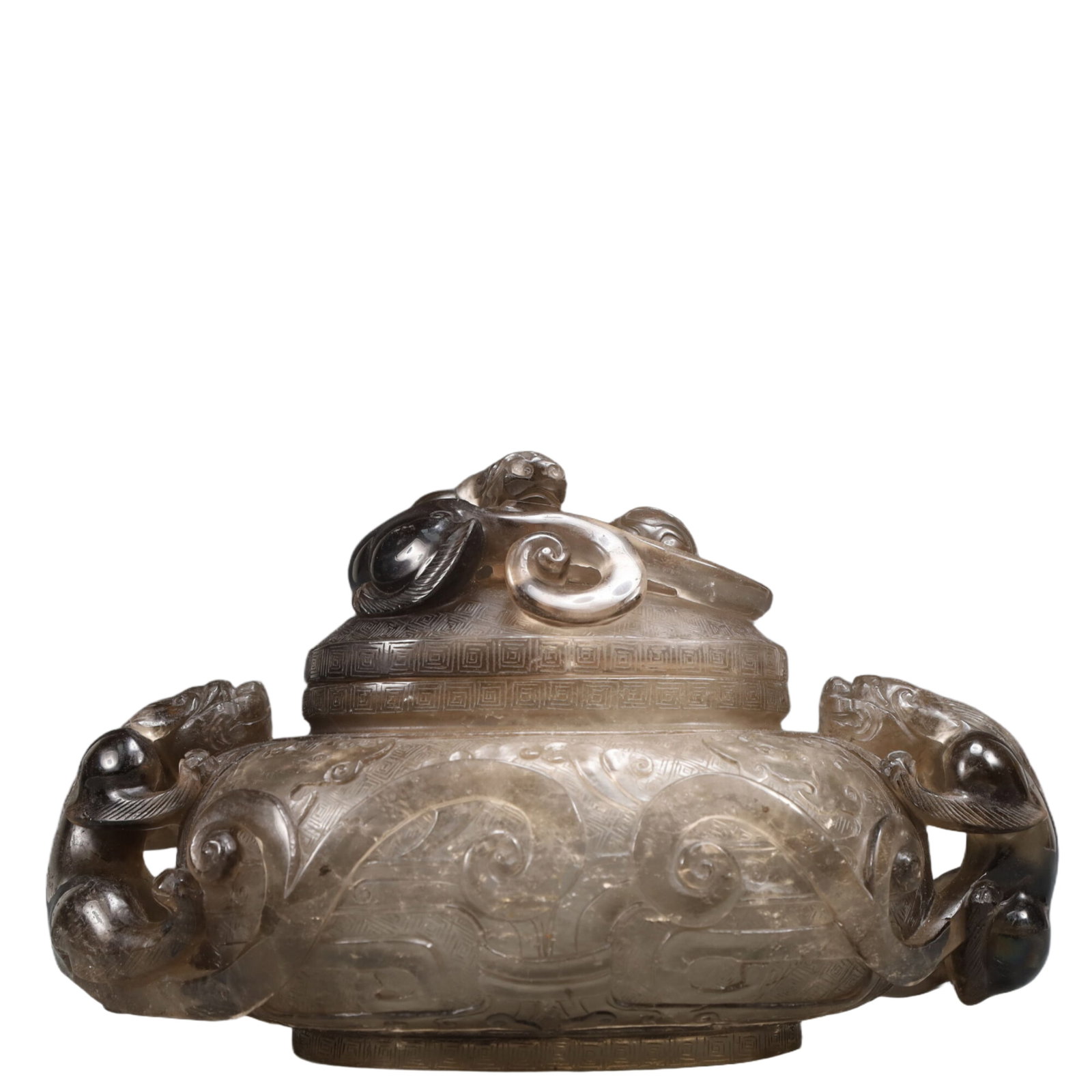 An Exquisite Crystal Dragon Pattern Double-Ears Censer: An Exquisite Crystal Dragon Pattern Double-Ears Censer,Qing Dynasty, China,Size:10.2inx5.5inx6.3in Weight:2000g 水晶龙纹双耳香炉,中国清