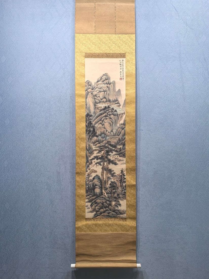 A Chinese Vertical Scroll Ink Painting of Landscape on Paper,Wu Qinmu (1 of 9)