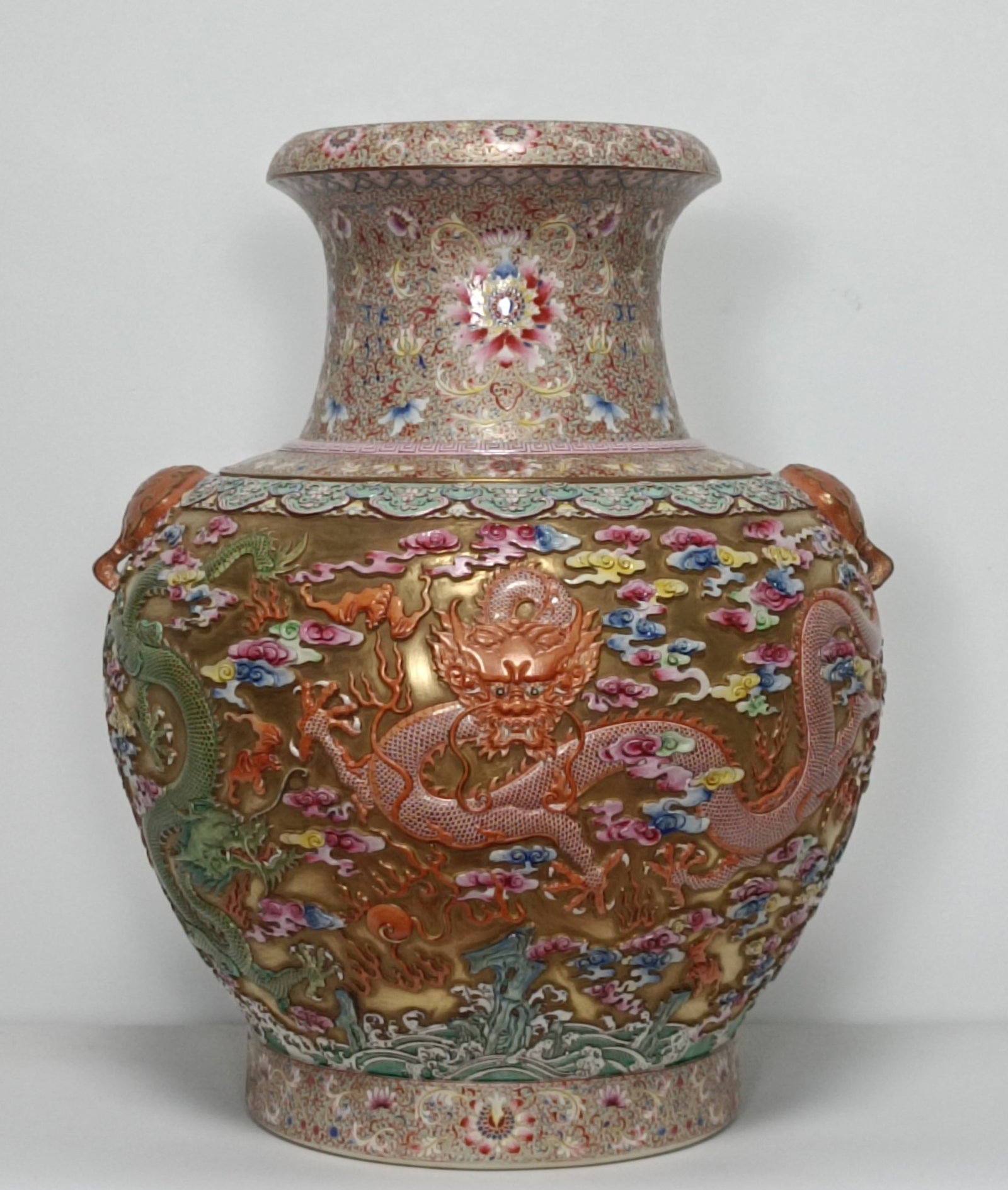 A Huge Enamel Gold Ground Painted Gold Lotus??Auspicious Cloud and Dragon Pattern Elephant-Ears Vase: A Huge Enamel Gold Ground Painted Gold Lotus,Auspicious Cloud and Dragon Pattern Elephant-Ears Vase,Qing Dynasty,China,Qianlong Six-character Mark,Size:19.9inx16.1in 珐琅彩金&#
