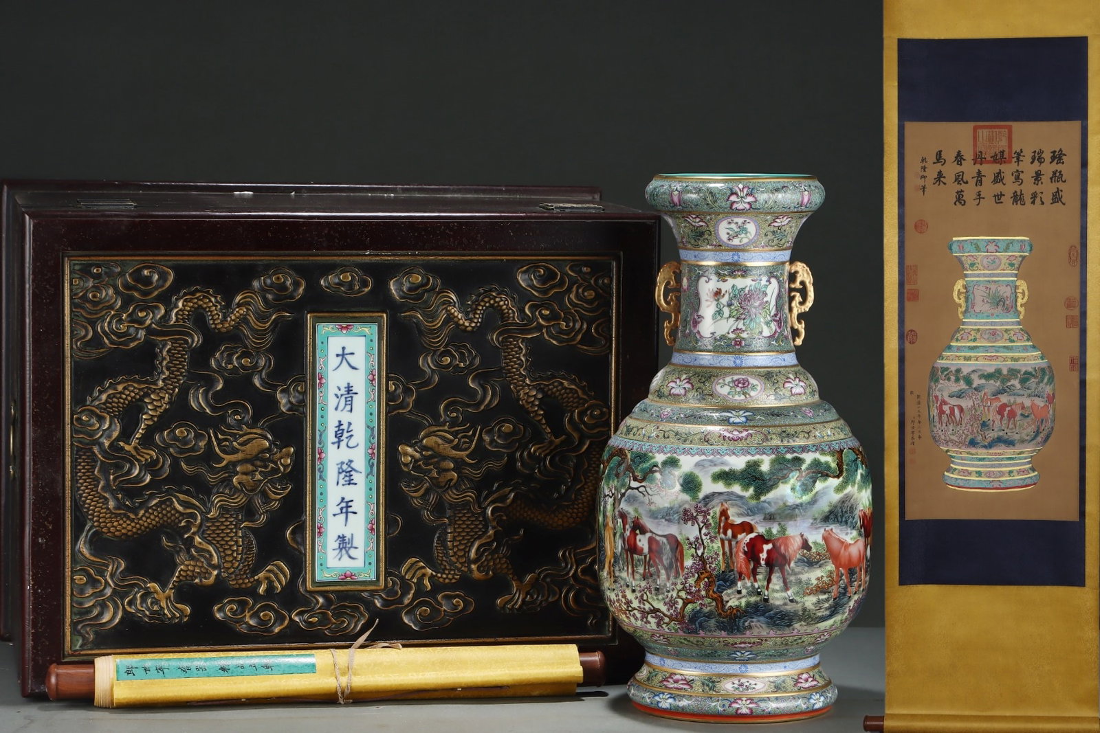 A Huge Enamel Painted Gold Flower Landscape and Horse Pattern Double-Ears Vase,With Vertical Scroll: A Huge Enamel Painted Gold Flower Landscape and Horse Pattern Double-Ears Vase,With Vertical Scroll Painting on Silk,Qing Dynasty,China,Qianlong Six-character Mark,Size:20.3inx10.4in,( Without frame )