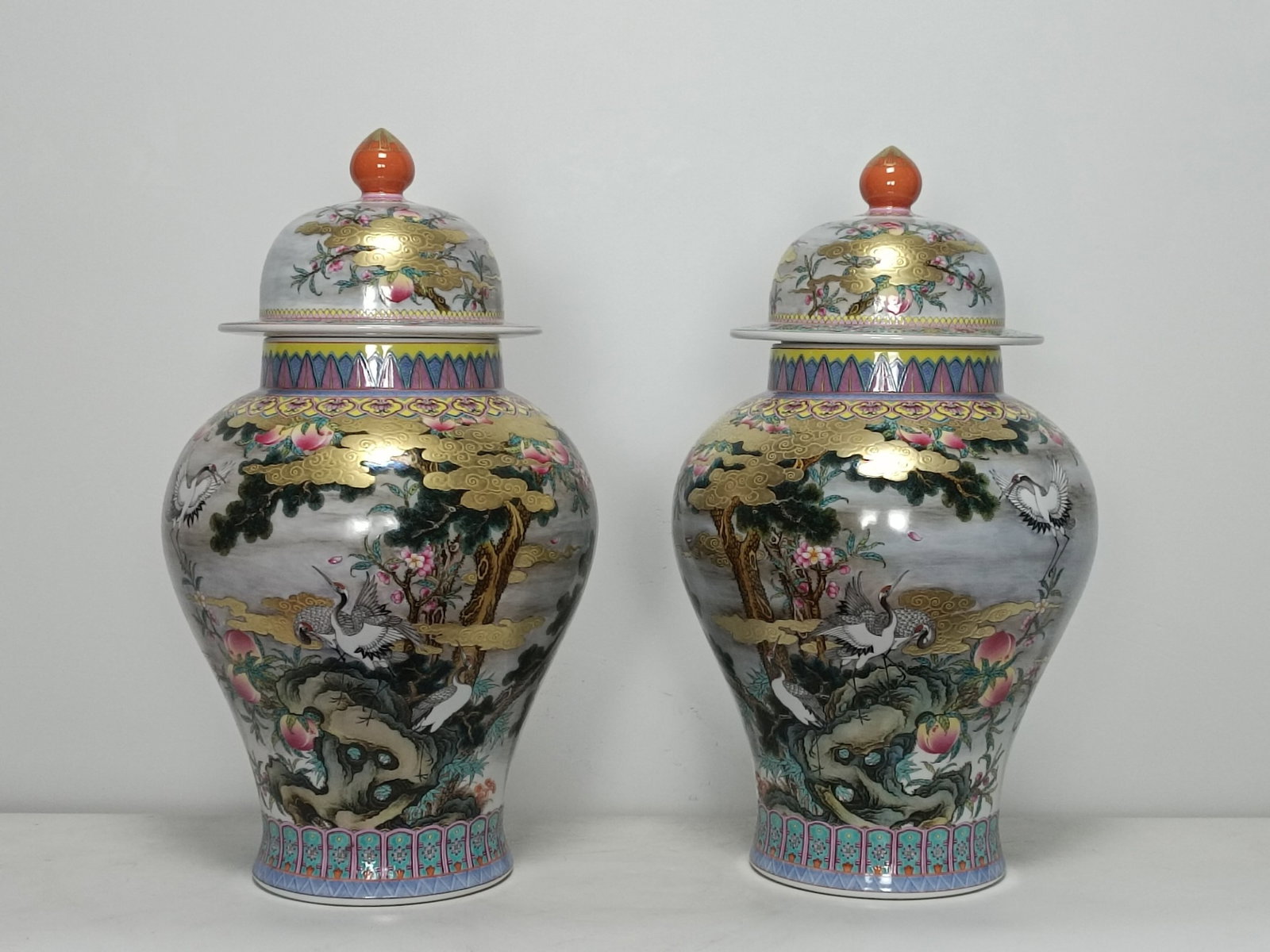 A Pair of Huge Famille-Rose Painted Gold Pine and Crane Pattern Cover Jars,With Poem: A Pair of Huge Famille-Rose Painted Gold Pine and Crane Pattern Cover Jars,With Poem,Qing Dynasty,China,Qianlong Four-character Mark,Size:21.3inx12.2in 一对粉彩描金