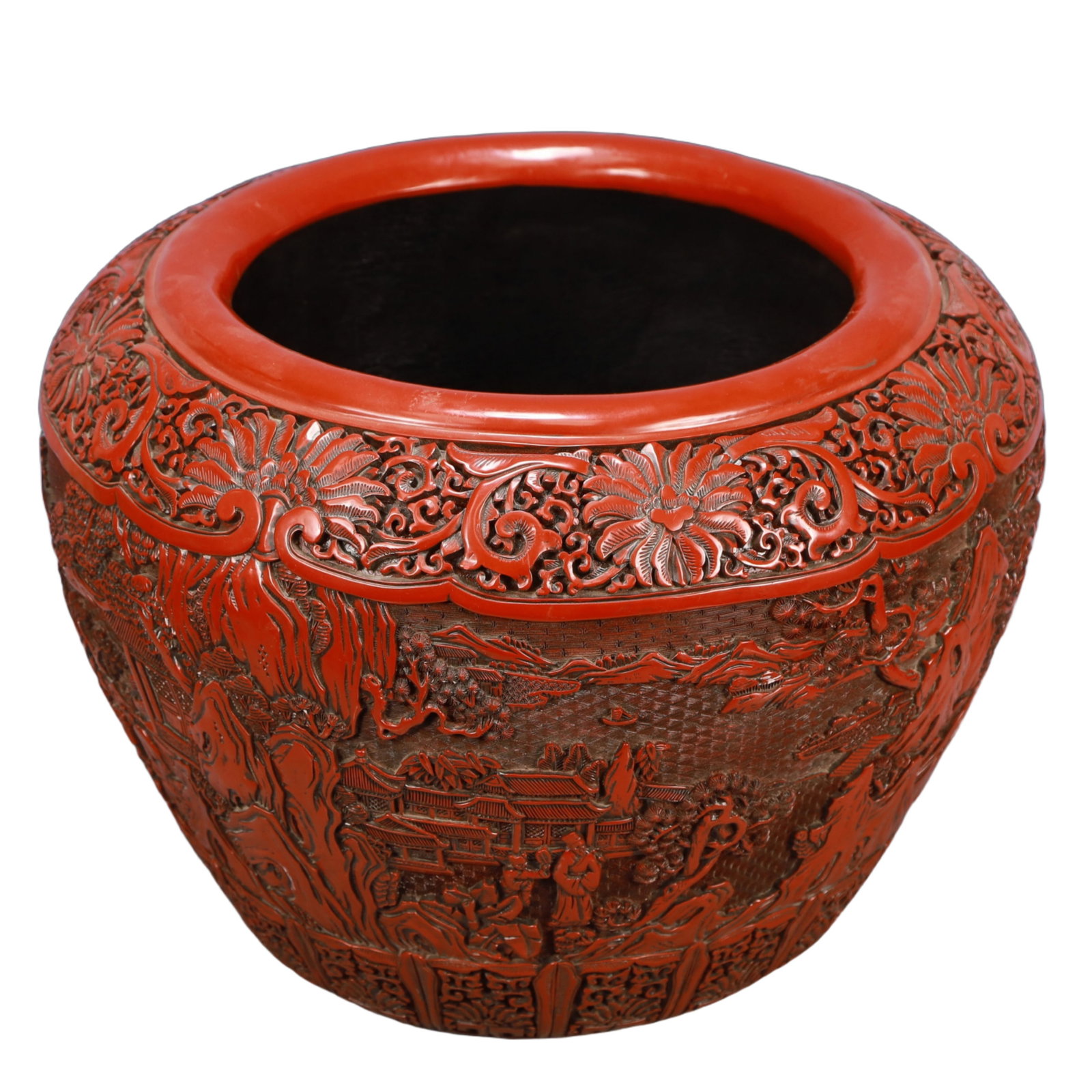A Huge Carved Red Lacquer Landscape and Figure Pattern Jar: A Huge Carved Red Lacquer Landscape and Figure Pattern Jar,Qing Dynasty, China,Qianlong Six-character Mark,Size:17.3inx13in,Weight:8200g 剔红漆器山水人物