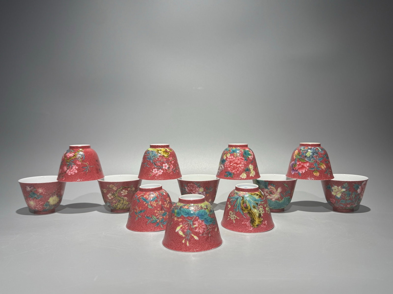 A Set of Fine Enamel Ruby Red-Glazed Flower Pattern Cups,With Poem: A Set of Fine Enamel Ruby Red-Glazed Flower Pattern Cups,With Poem,Qing Dynasty,China,Yongzheng Six-character Mark,Size:2inx2.7in 一套珐琅彩胭脂红ດ